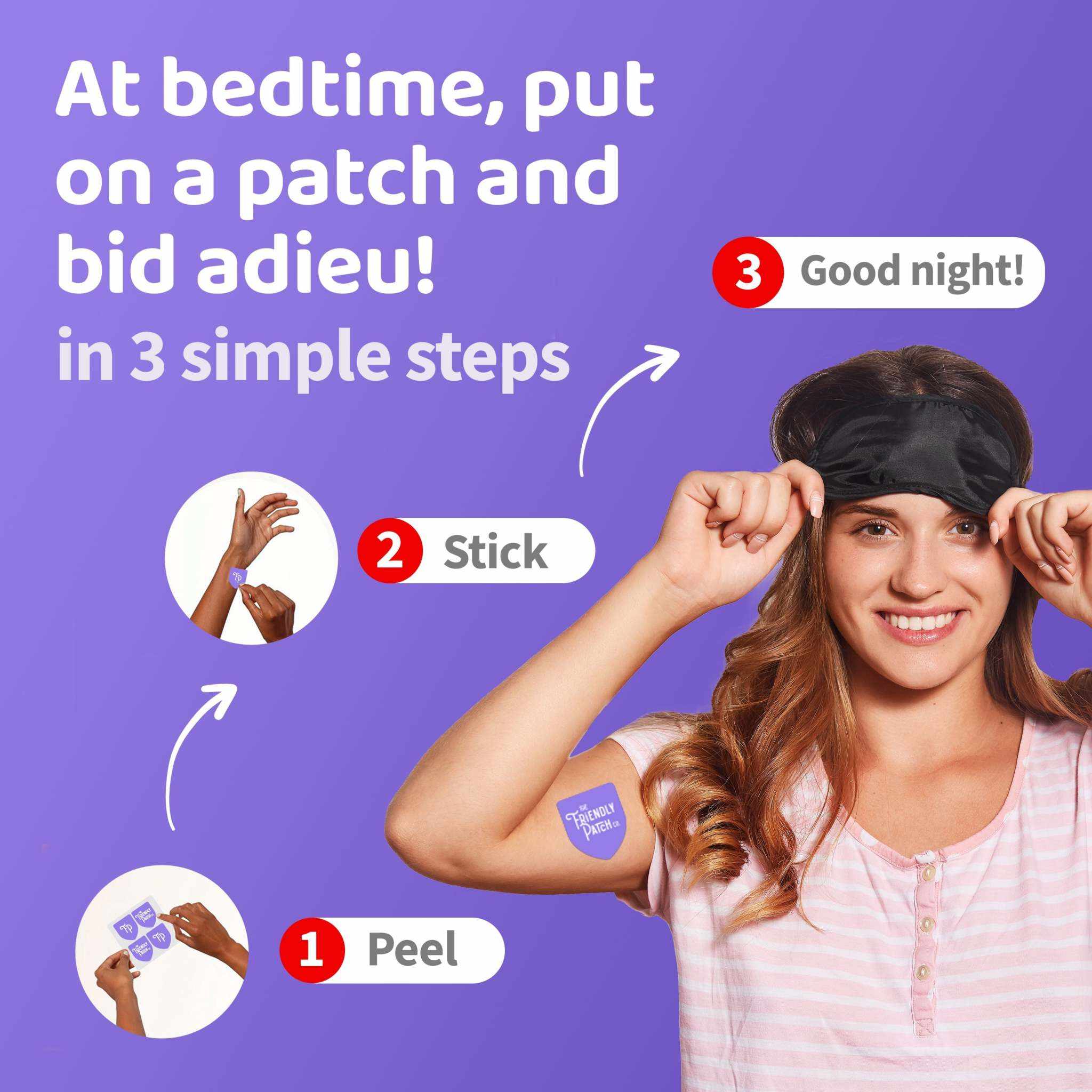 Sleep Patches shown on a woman's upper arm as she wears a black sleep mask, with illustrated peel, stick and sleep steps