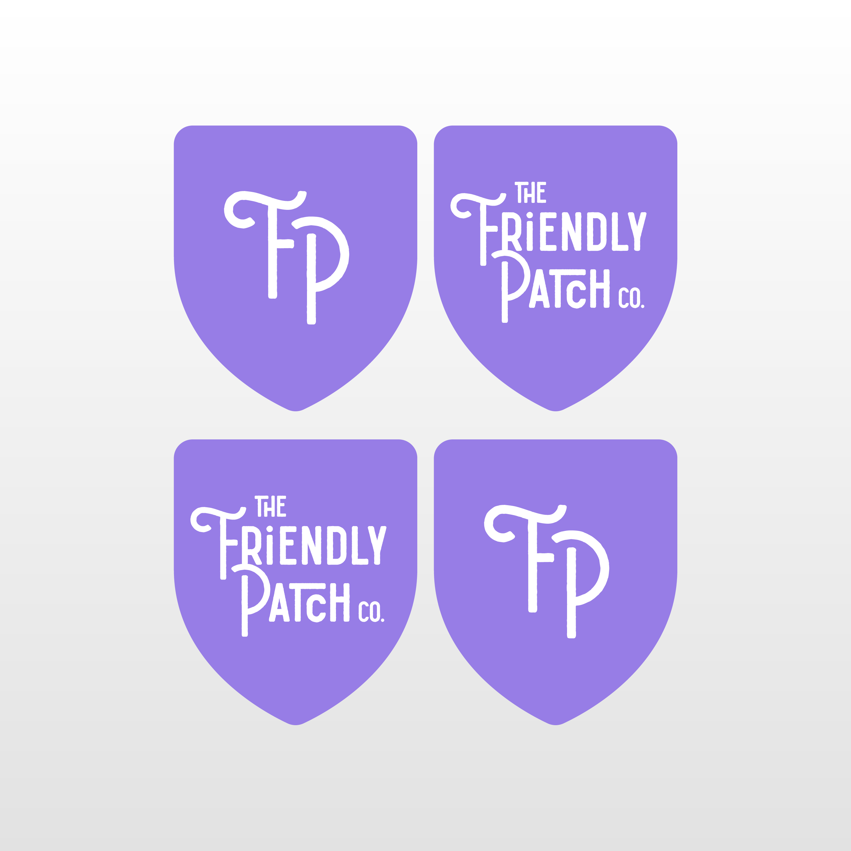 Sleep Patches shown as four purple shield-shaped adhesive patches, two with a white Friendly Patch logo and two with initials.