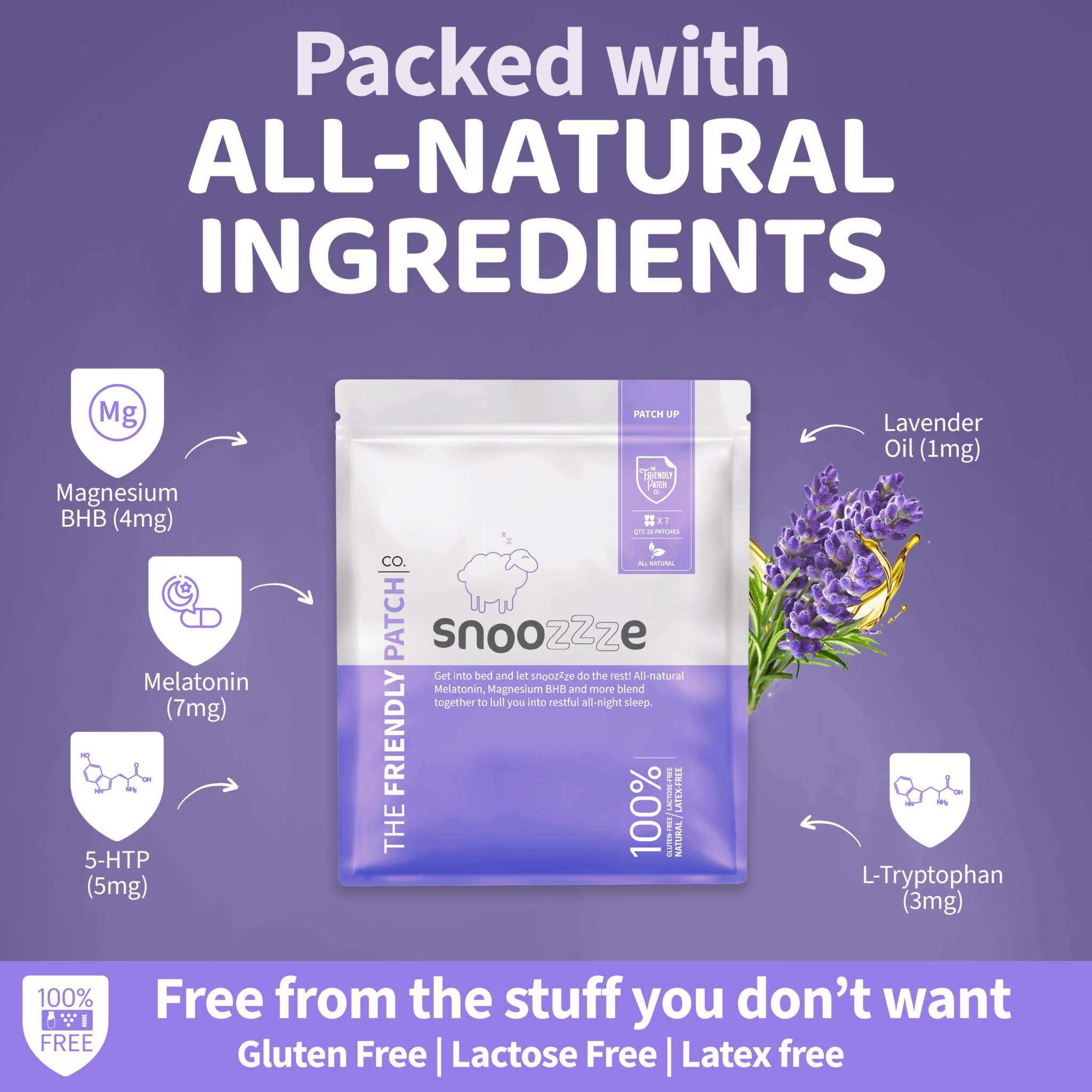 Sleep Patches in a purple-and-white Snoozze pouch, with natural ingredient callouts and lavender illustration