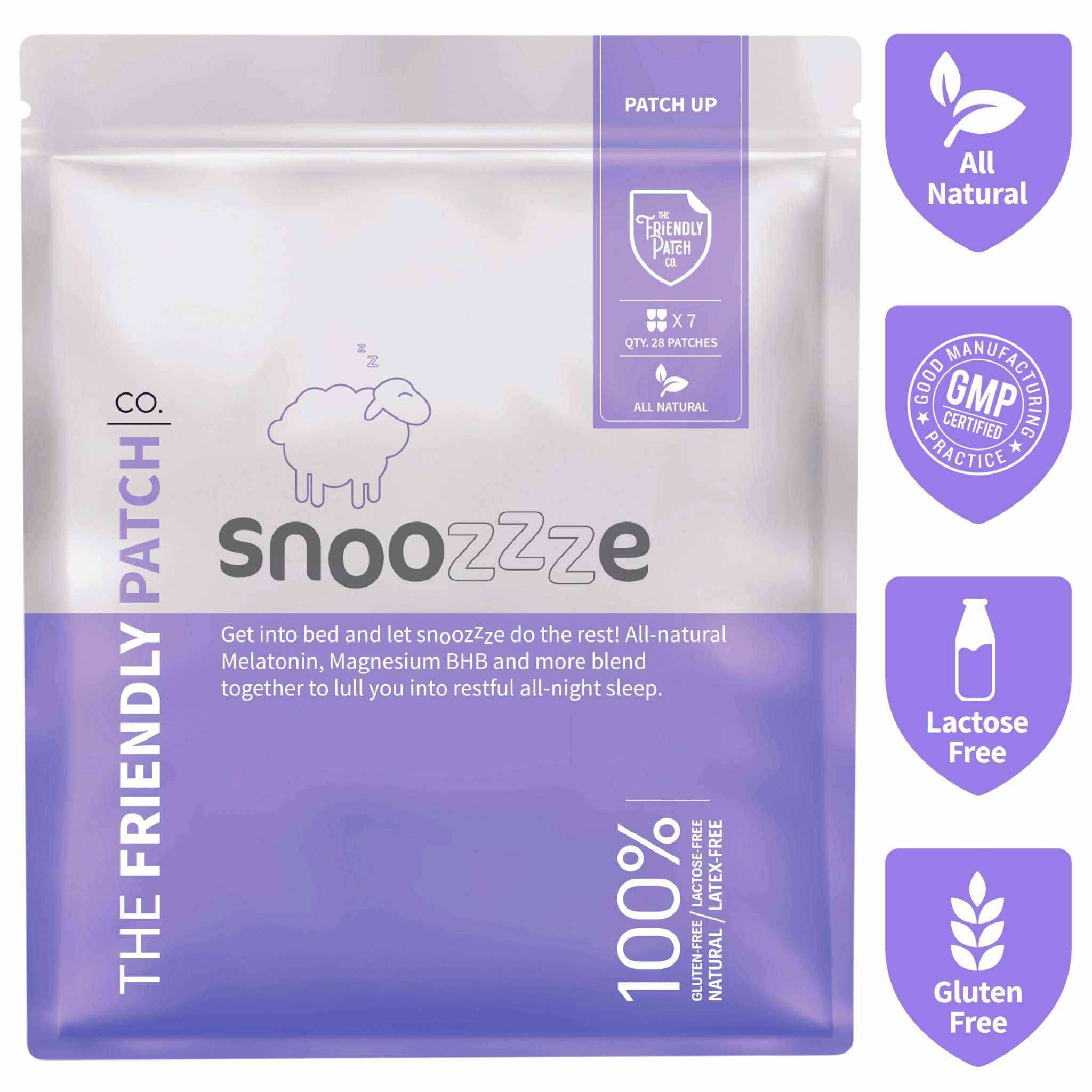 Sleep Patches in a white and purple pouch with Snooze branding, a sleeping sheep graphic and natural ingredient badges