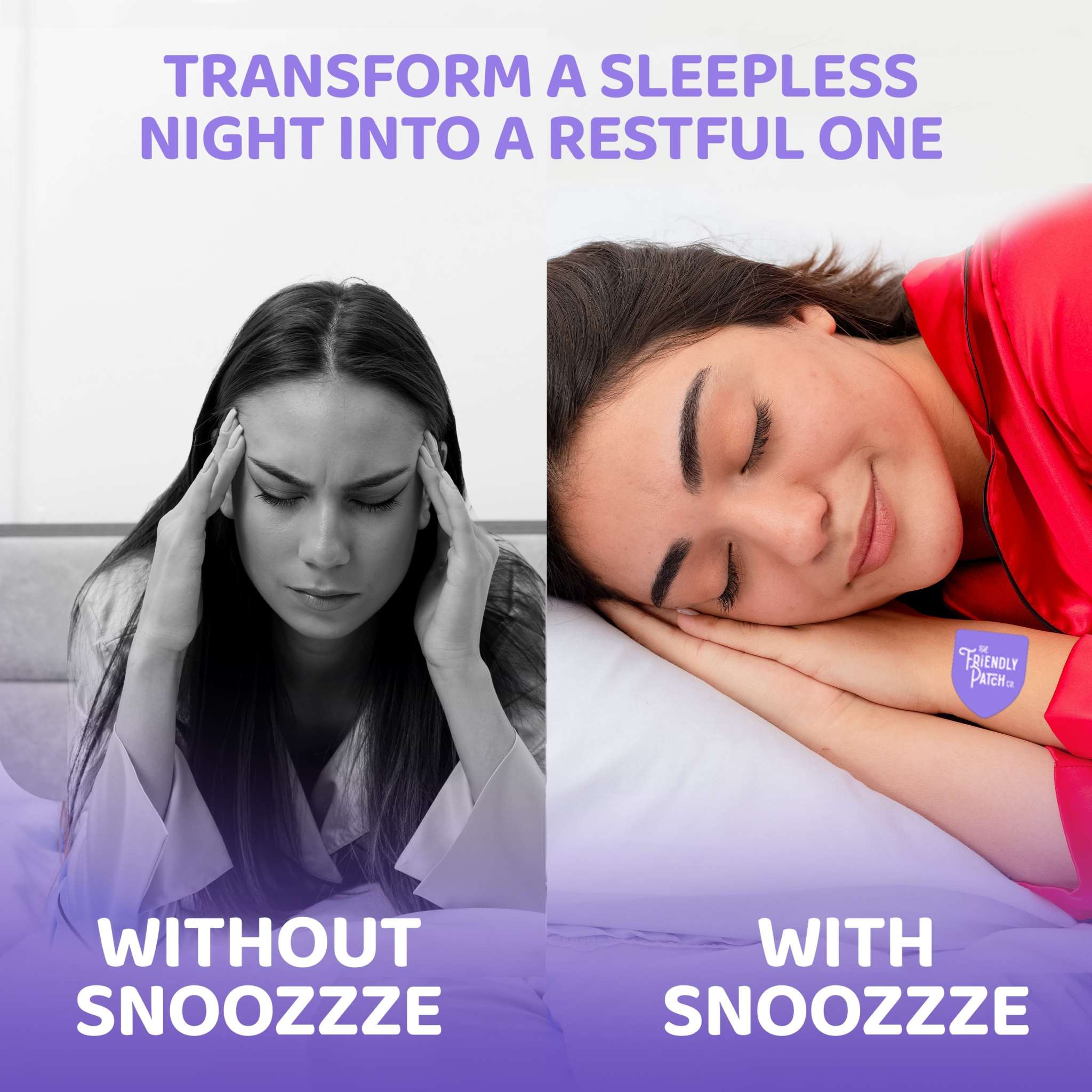 Sleep Patches product graphic compares a distressed woman without Snoozze to a sleeping woman wearing a purple patch