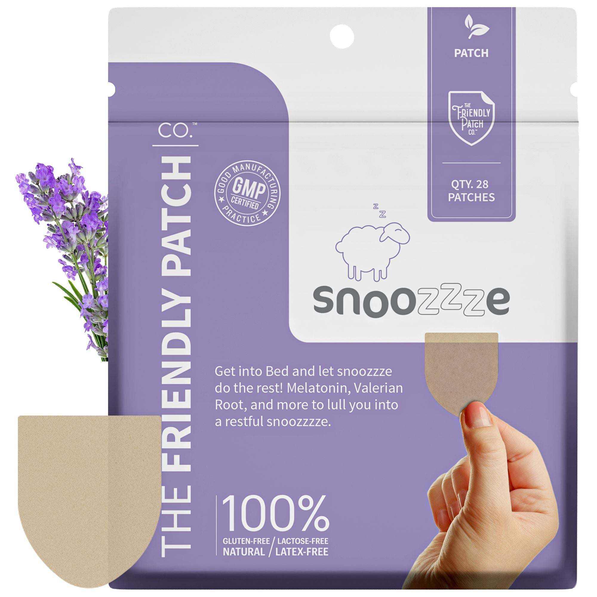 Sleep Patches in a white and purple Snoozzze package, showing a hand peeling a patch and a sheep design