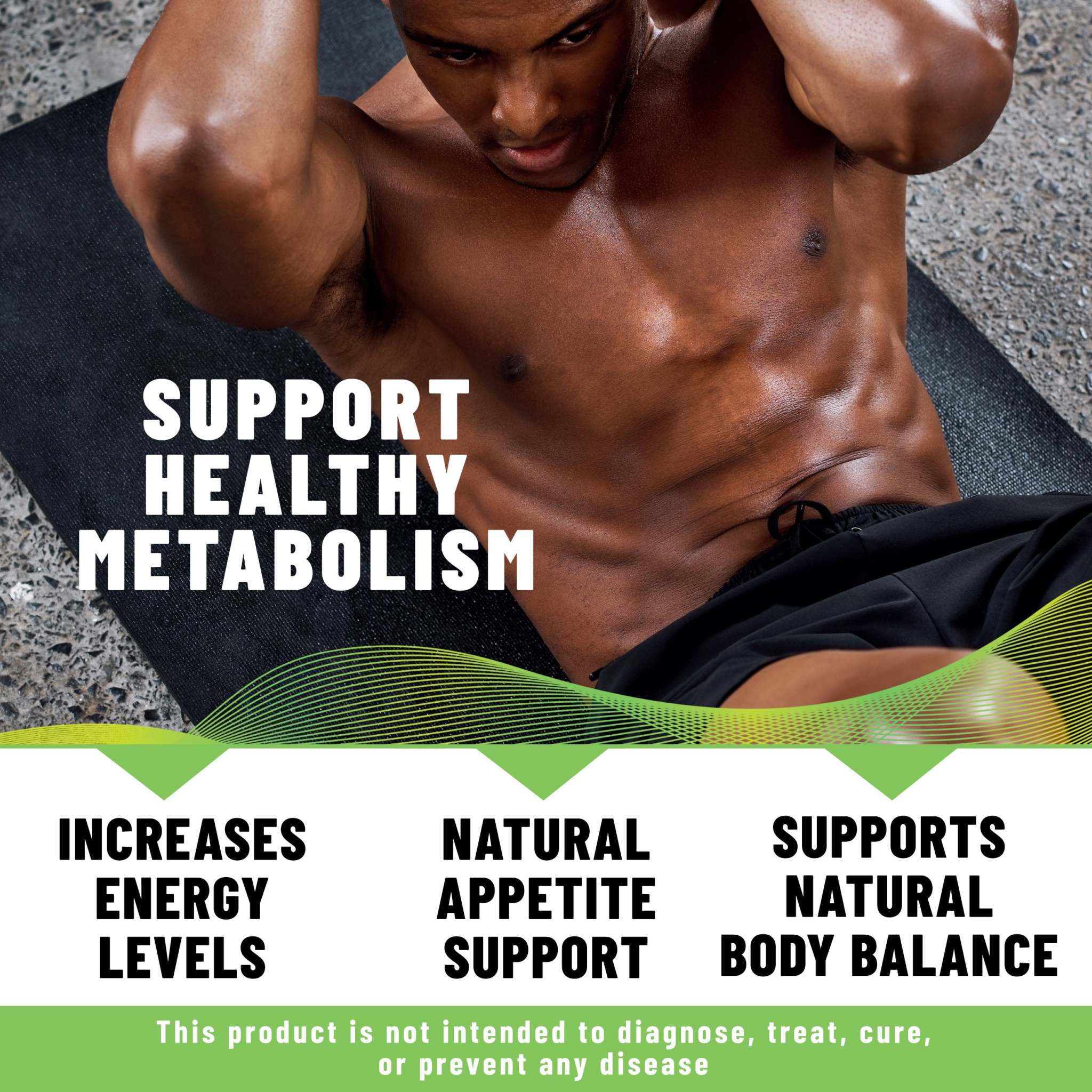 Slim Body Balance Patches promotion with a shirtless athlete and bold claims for metabolism, energy, appetite support and body balance