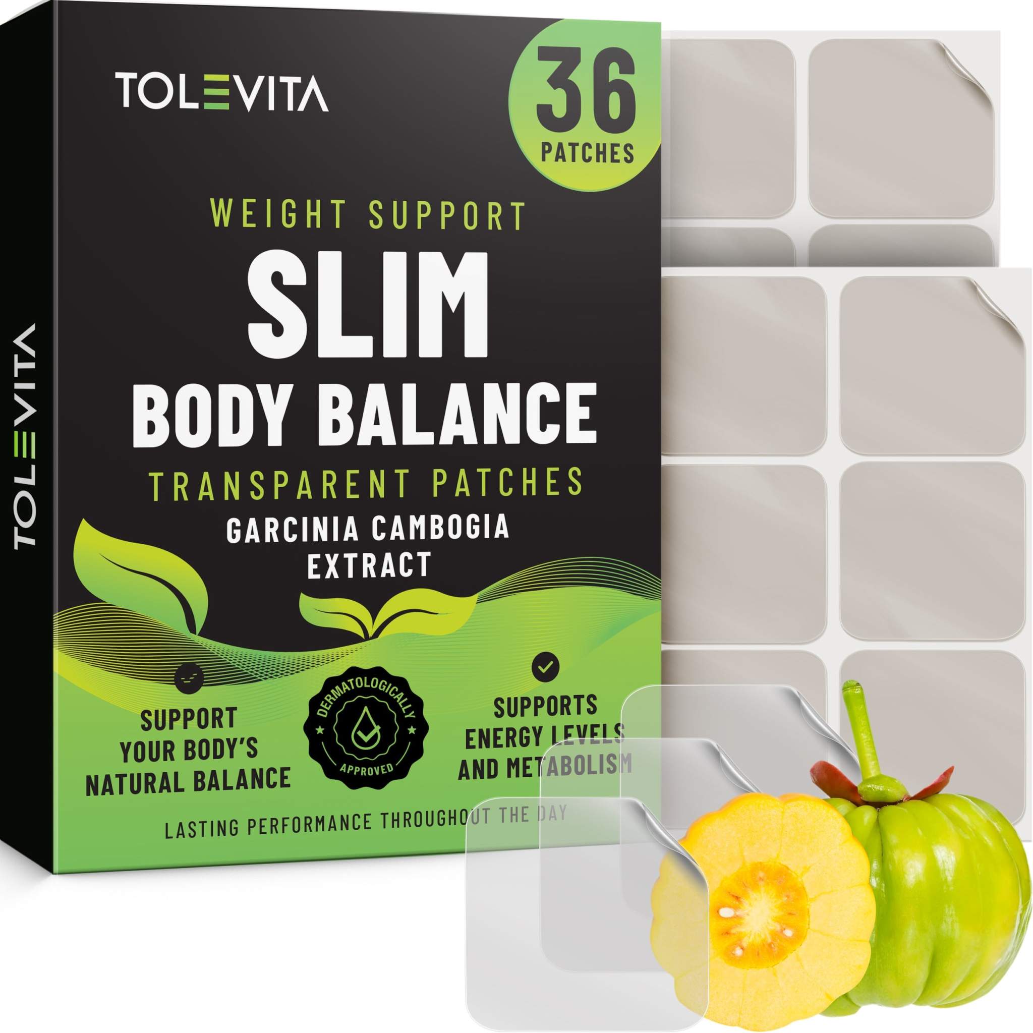 Slim Body Balance Patches in a black and green box, with transparent rectangular patches and Garcinia Cambogia fruit graphics.