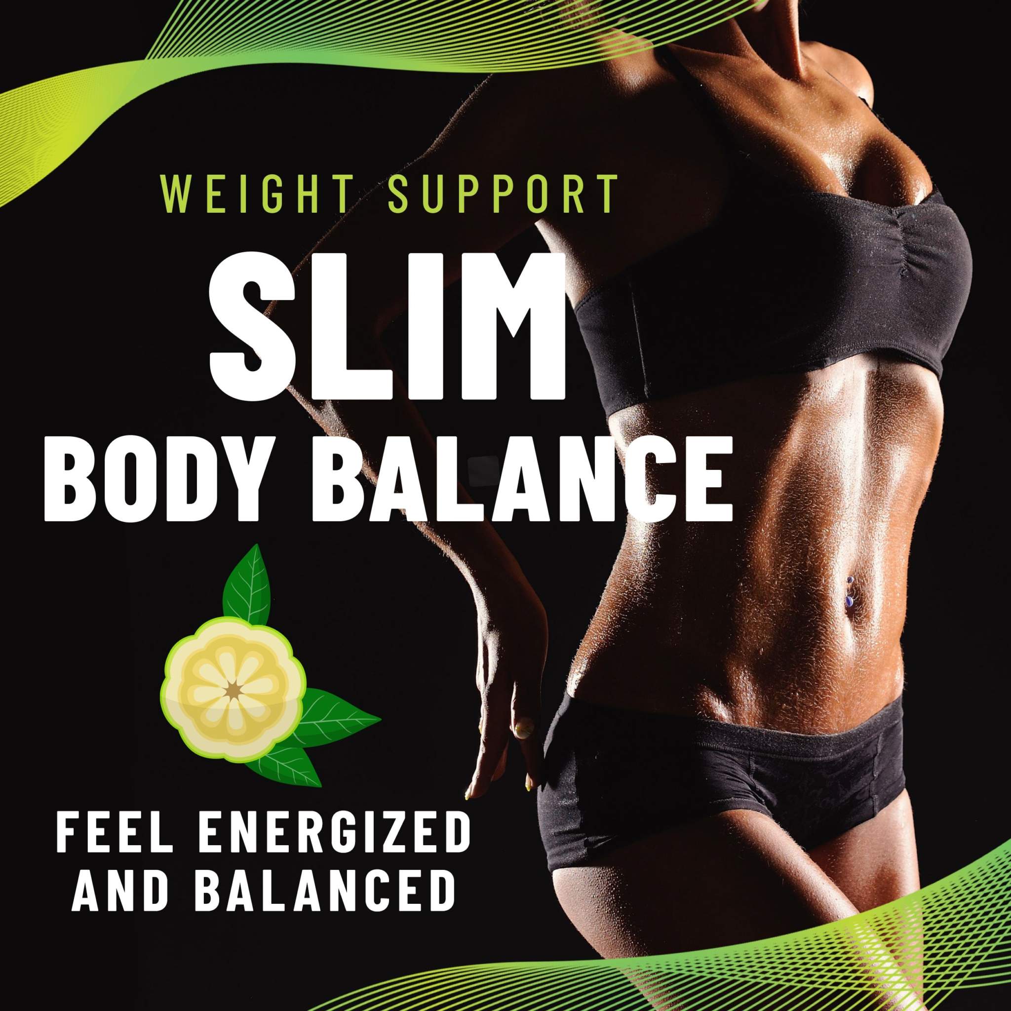 Slim Body Balance Patches packaging with white lettering, lime-green wave accents and a lime slice beside a fitness model.