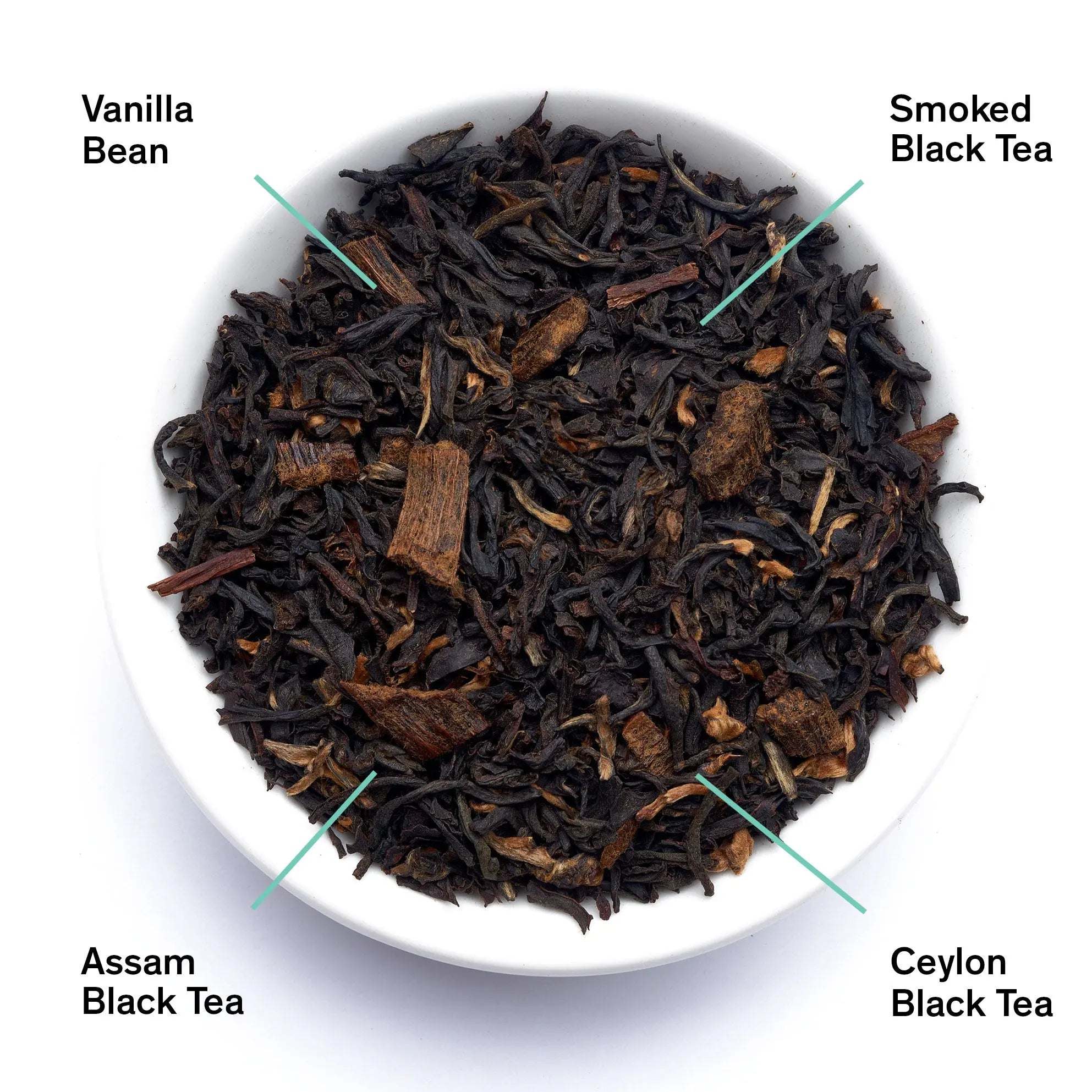Smoky Vanilla Black Tea, loose dark black tea leaves with visible vanilla bean pieces and smoked tea leaves