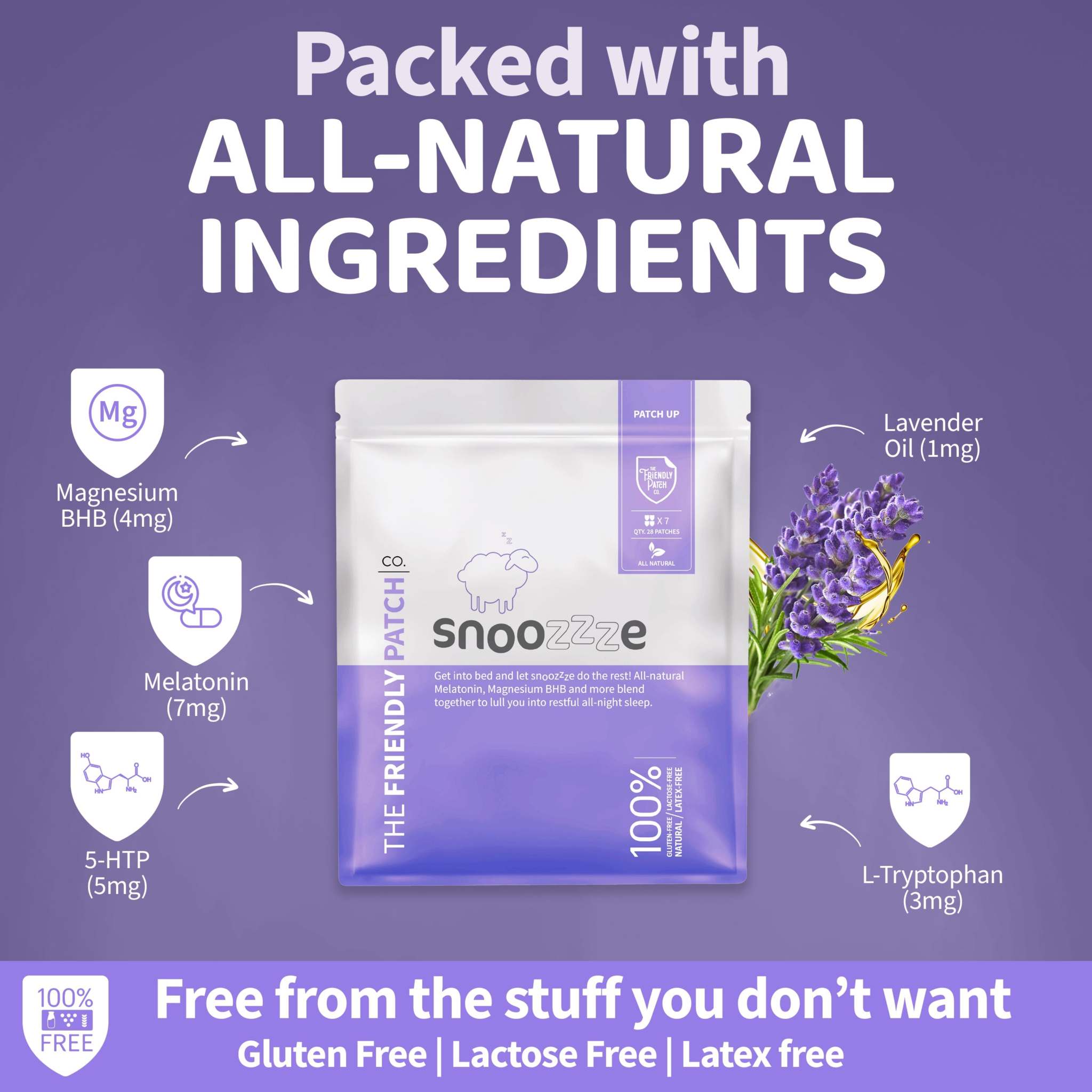 Snooze Melatonin Sleep Patches travel pack with white and lavender packaging featuring natural ingredients text and lavender sprig