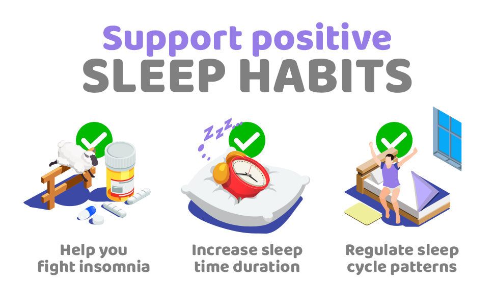 Illustration showing three benefits of sleep support with icons: fighting insomnia with pills, increasing sleep duration with a clock on a pillow, and regulating sleep cycle with a person waking up in bed, highlighting Snooze Melatonin Sleep Patches.