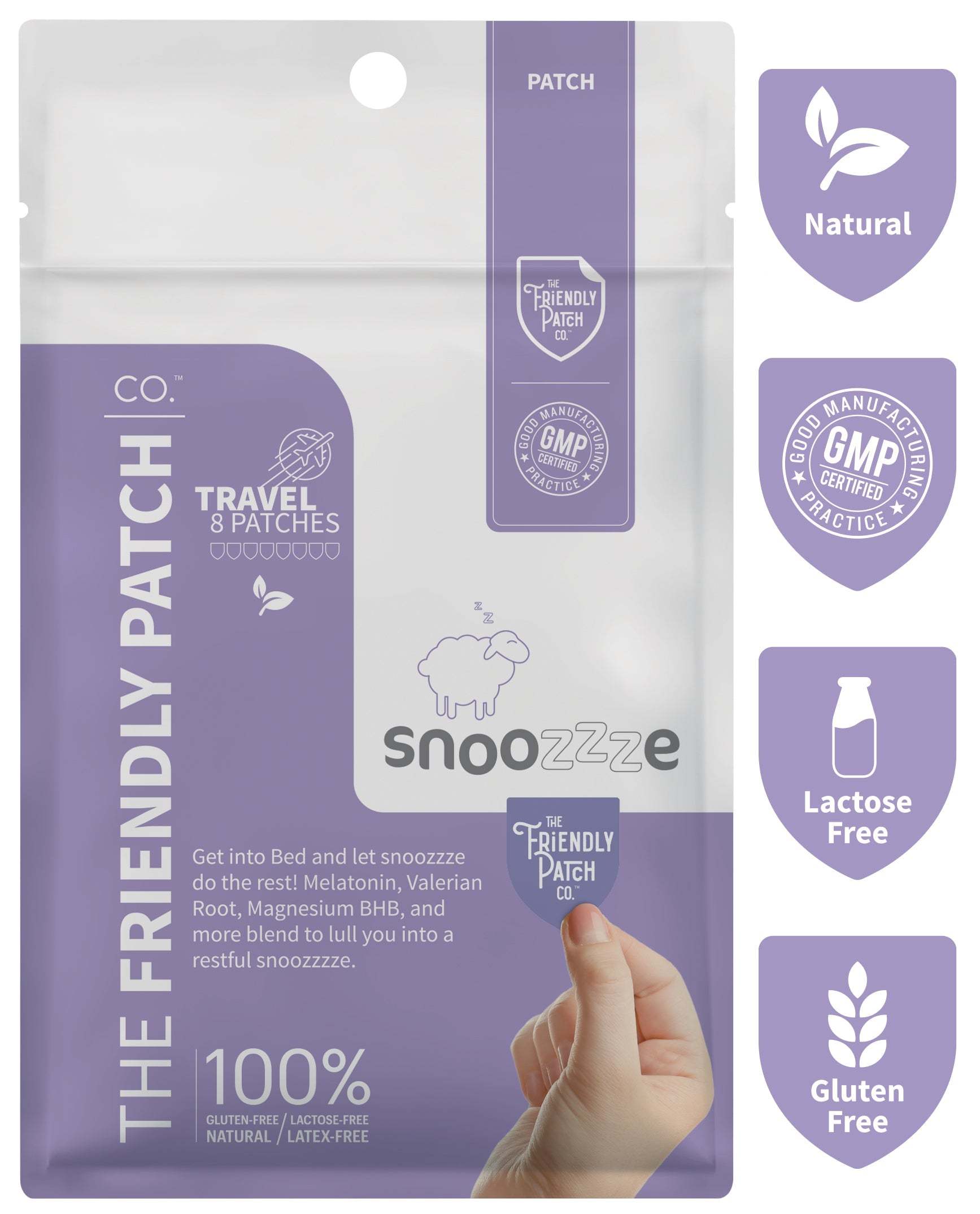 Snooze Melatonin Sleep Patches travel pack with white and purple resealable pouch, natural, lactose free, and gluten free labels.
