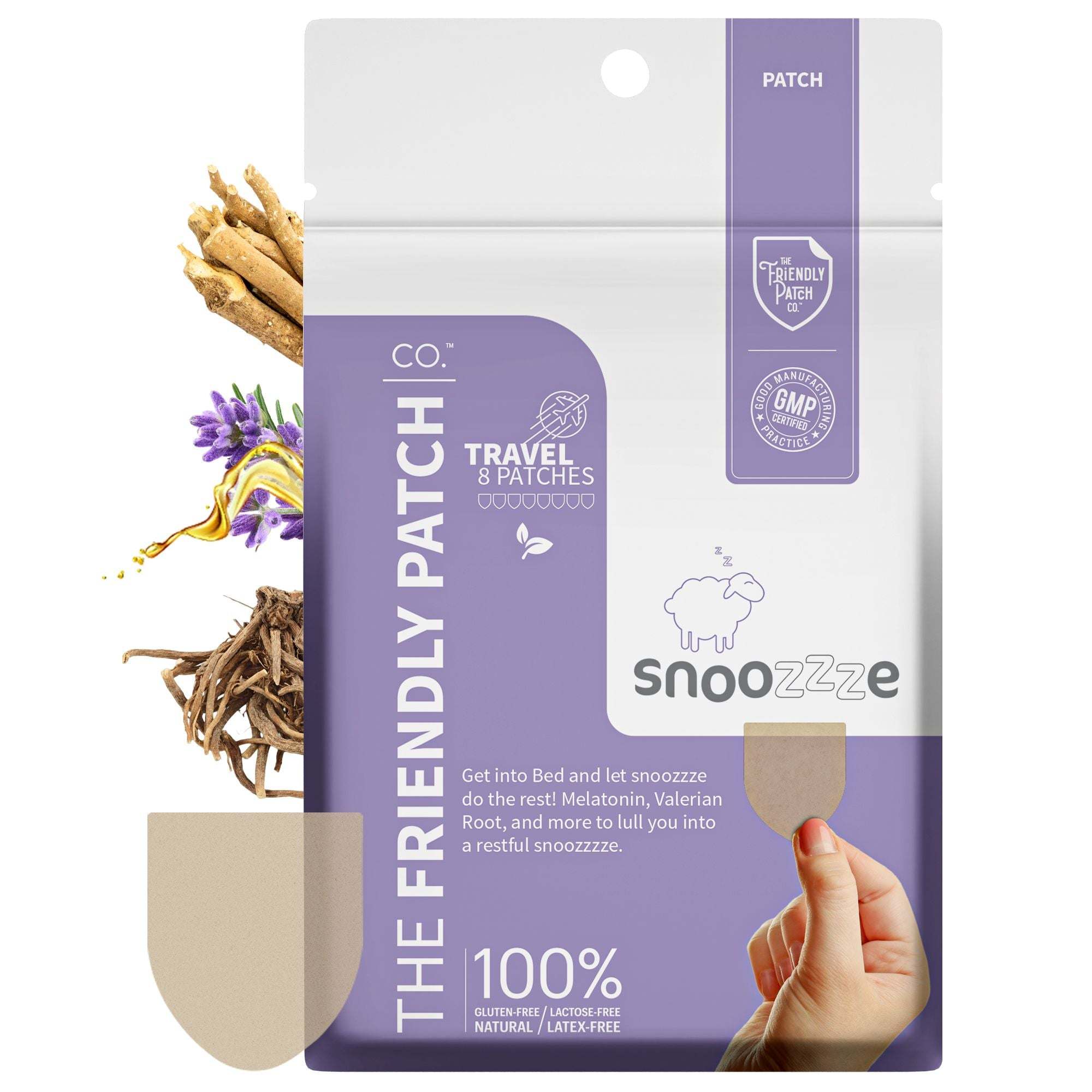 Snooze Melatonin Sleep Patches in a purple and white resealable pouch with plant ingredients illustrated, labeled travel 8 pack