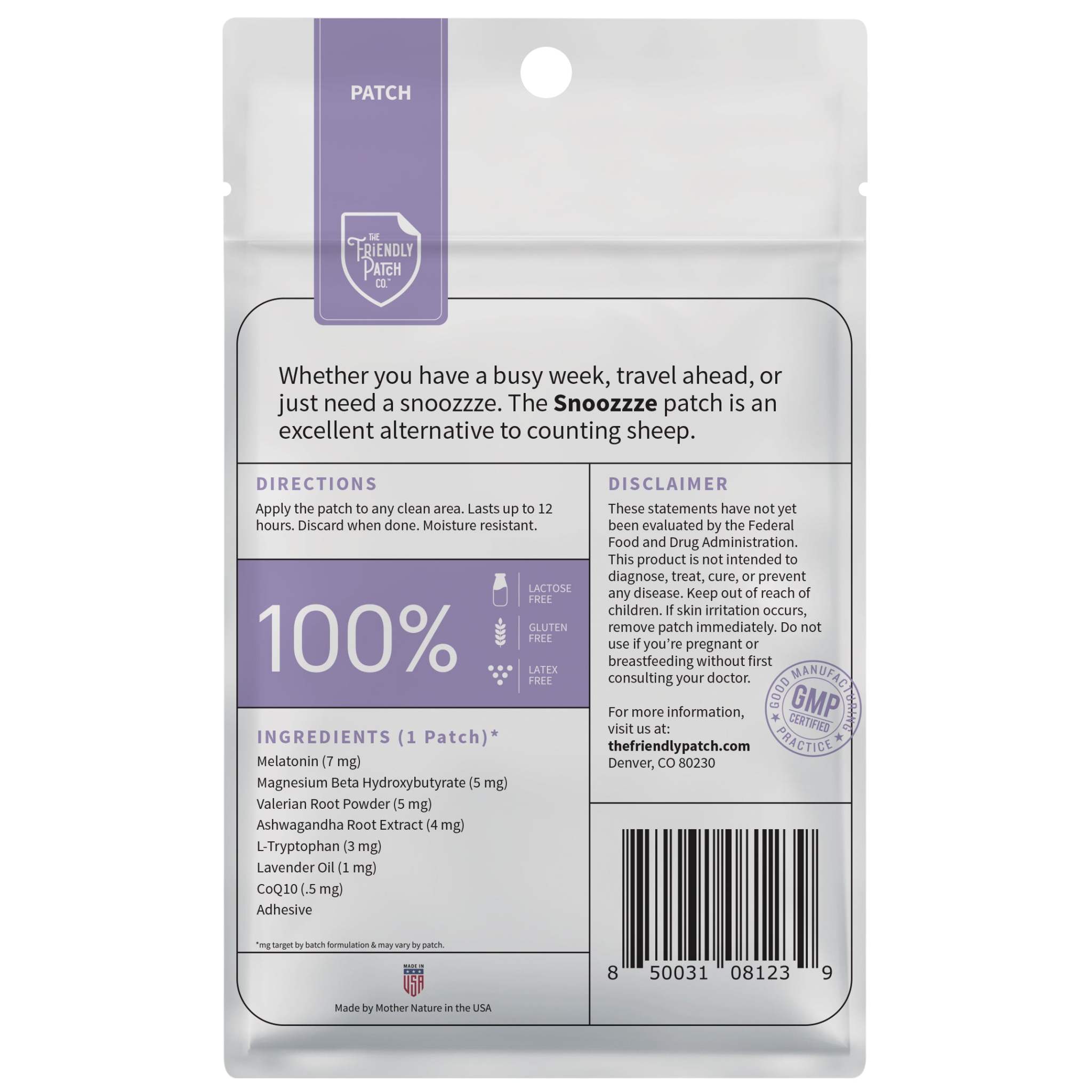 Snooze Melatonin Sleep Patches travel pack with white and purple packaging, ingredient and usage information visible on back