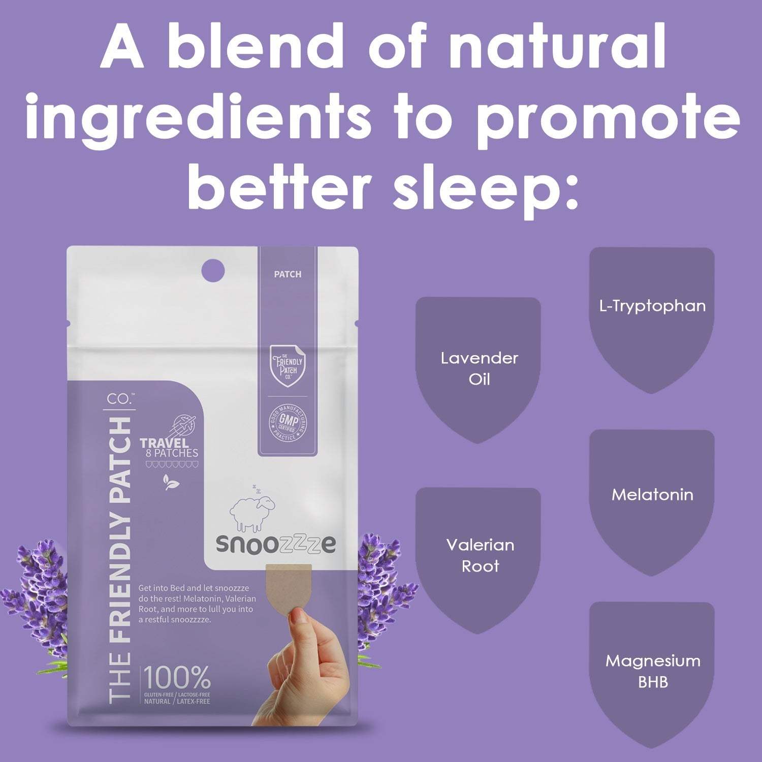 Snooze Melatonin Sleep Patches travel 8 pack in purple and white resealable bag featuring natural ingredients like lavender oil, valerian root, and magnesium BHB