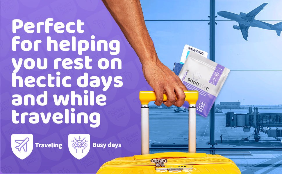 Snooze Melatonin Sleep Patches in white and purple packaging held above a yellow suitcase handle at an airport terminal.