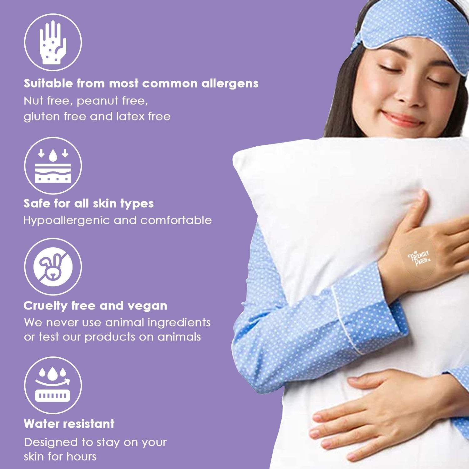 Snooze Melatonin Sleep Patches shown on a relaxed woman wearing light blue pajamas and a matching sleep mask, hugging a white pillow on a purple background with allergy-free, vegan, and water-resistant benefits