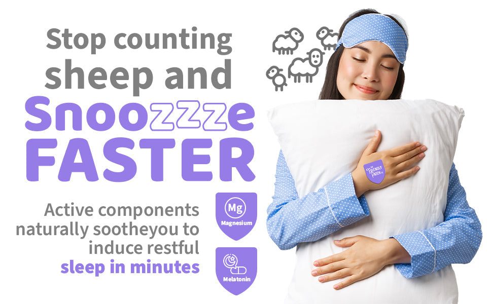 Snooze Melatonin Sleep Patches shown on a woman's wrist, purple color with white text, promoting restful sleep benefits.