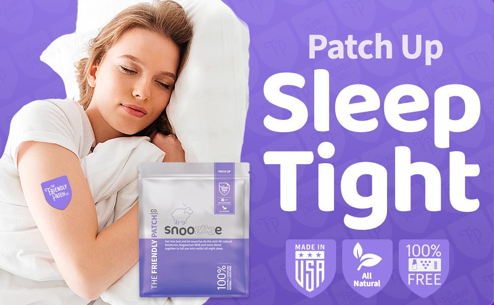 Snooze Melatonin Sleep Patches pack in white and purple with natural ingredient icons, shown on a woman with a patch on her arm.