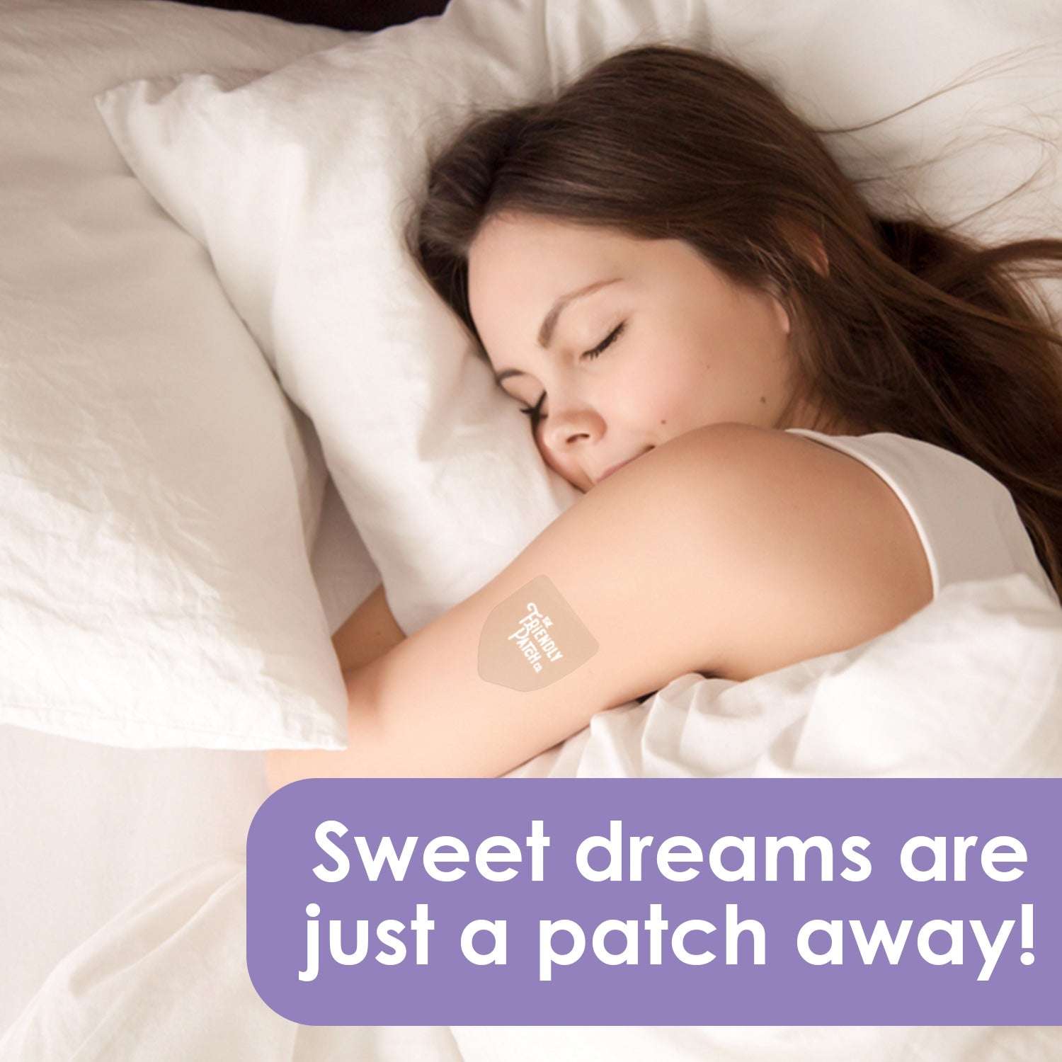 Snooze Melatonin Sleep Patches worn on a woman's upper arm while she sleeps peacefully in white bedding, promoting restful sleep