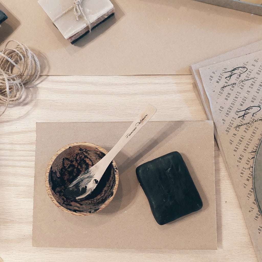 SOAP BAR - CHARCOAL, a dark charcoal soap bar with a smooth rectangular shape and rounded corners