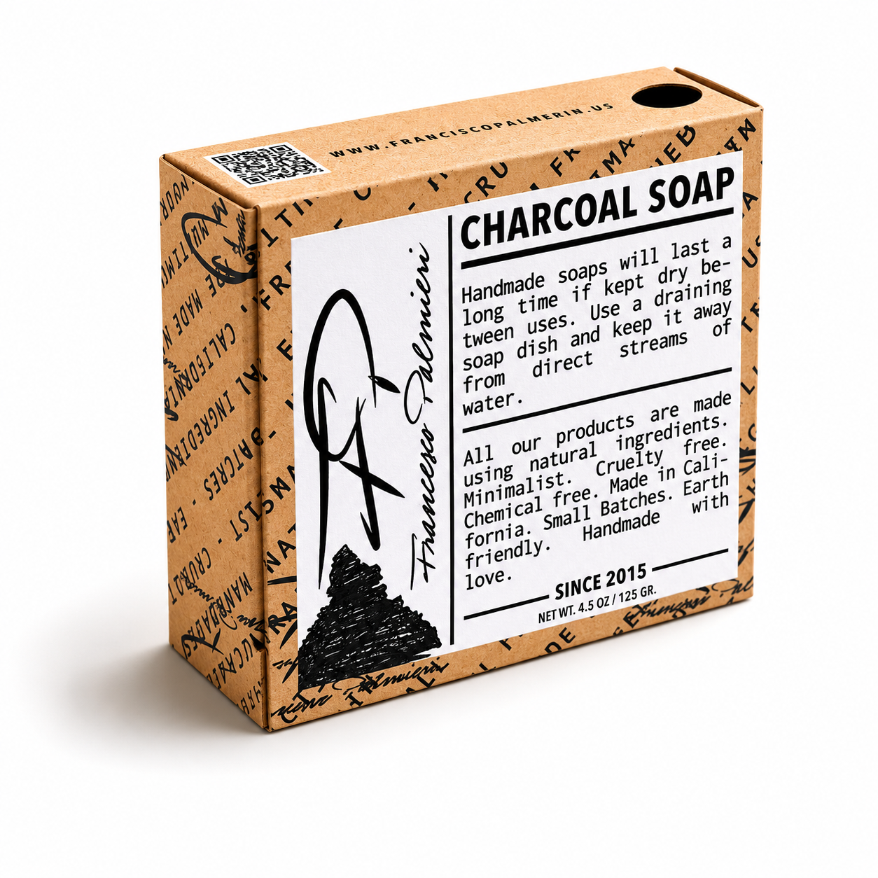 SOAP BAR - CHARCOAL in a kraft paper box with black printed lettering, a bold charcoal soap label, and QR code