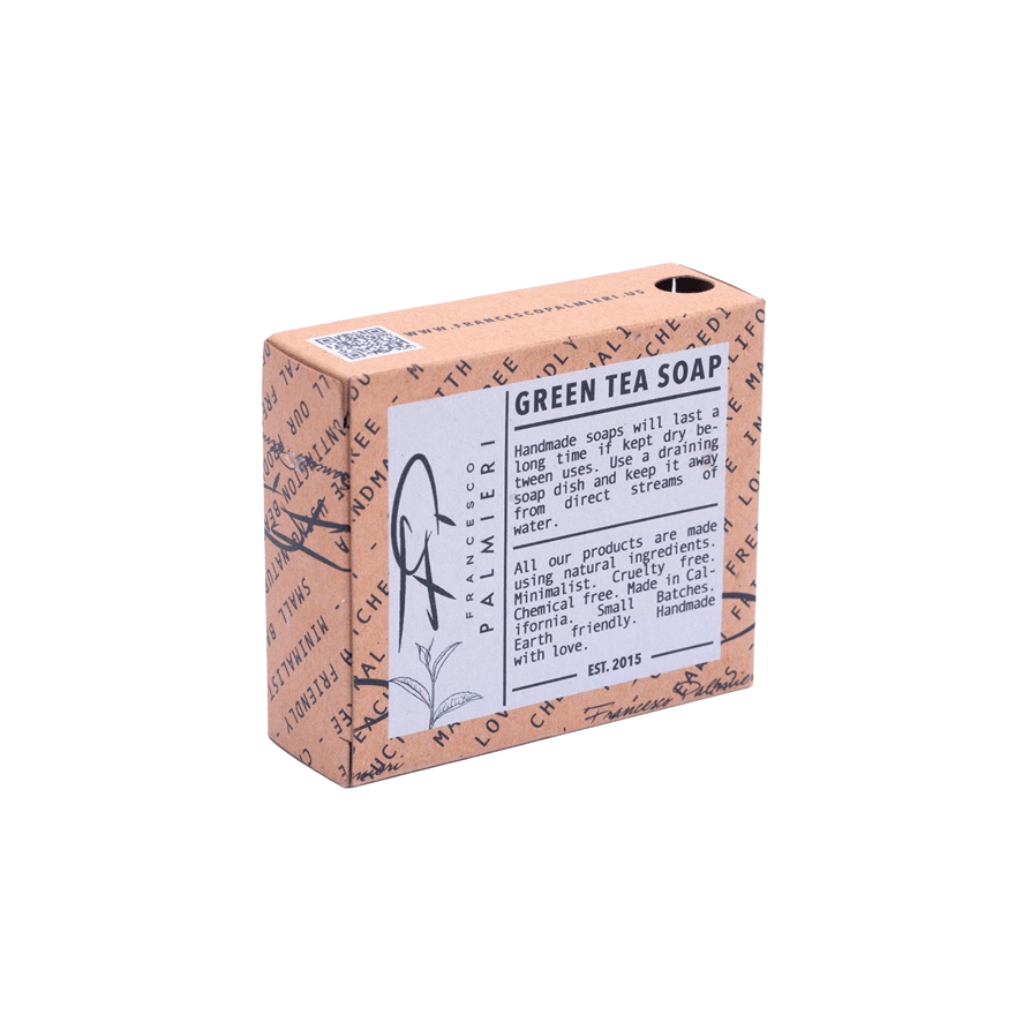 SOAP BAR - GREEN TEA in a kraft paper box with black lettering and a white label featuring a botanical illustration