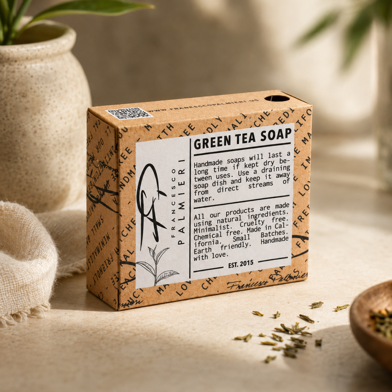 SOAP BAR - GREEN TEA in a kraft paper box with black botanical lettering and a white care label.