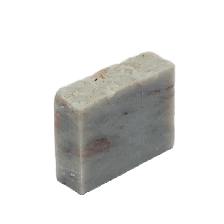 SOAP BAR - LAVENDER, rectangular handmade soap in muted gray with earthy speckles and a rough, uneven top.
