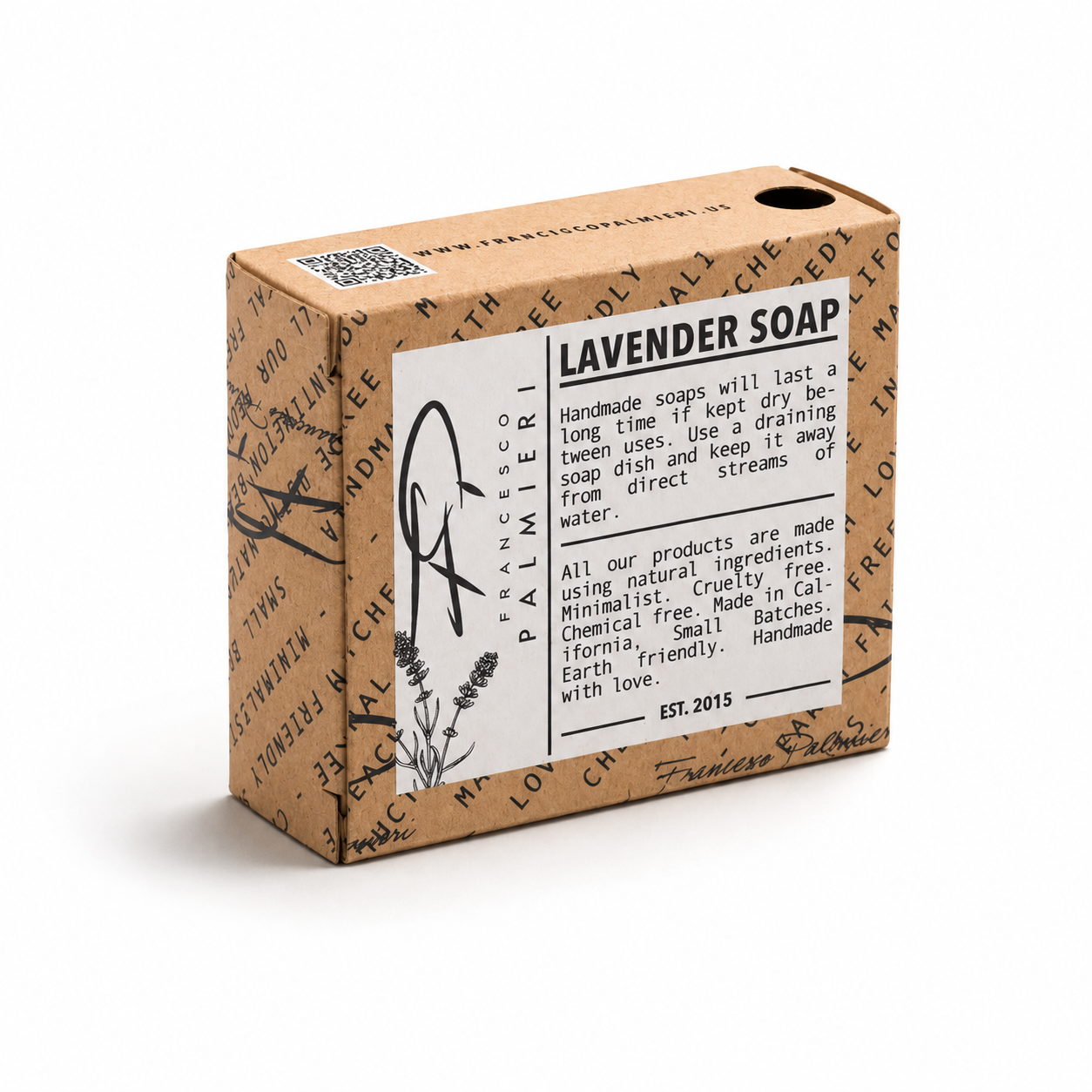 SOAP BAR - LAVENDER in a kraft paper box with black printed lettering and a white label featuring lavender artwork