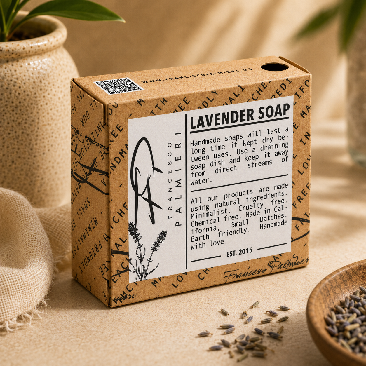 SOAP BAR - LAVENDER in a kraft paper box with a white lavender soap label and black botanical illustrations