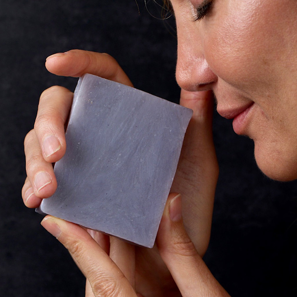 SOAP BAR - LAVENDER, a handcrafted lavender-gray soap bar with a smooth, subtly speckled surface and clean-cut edges.