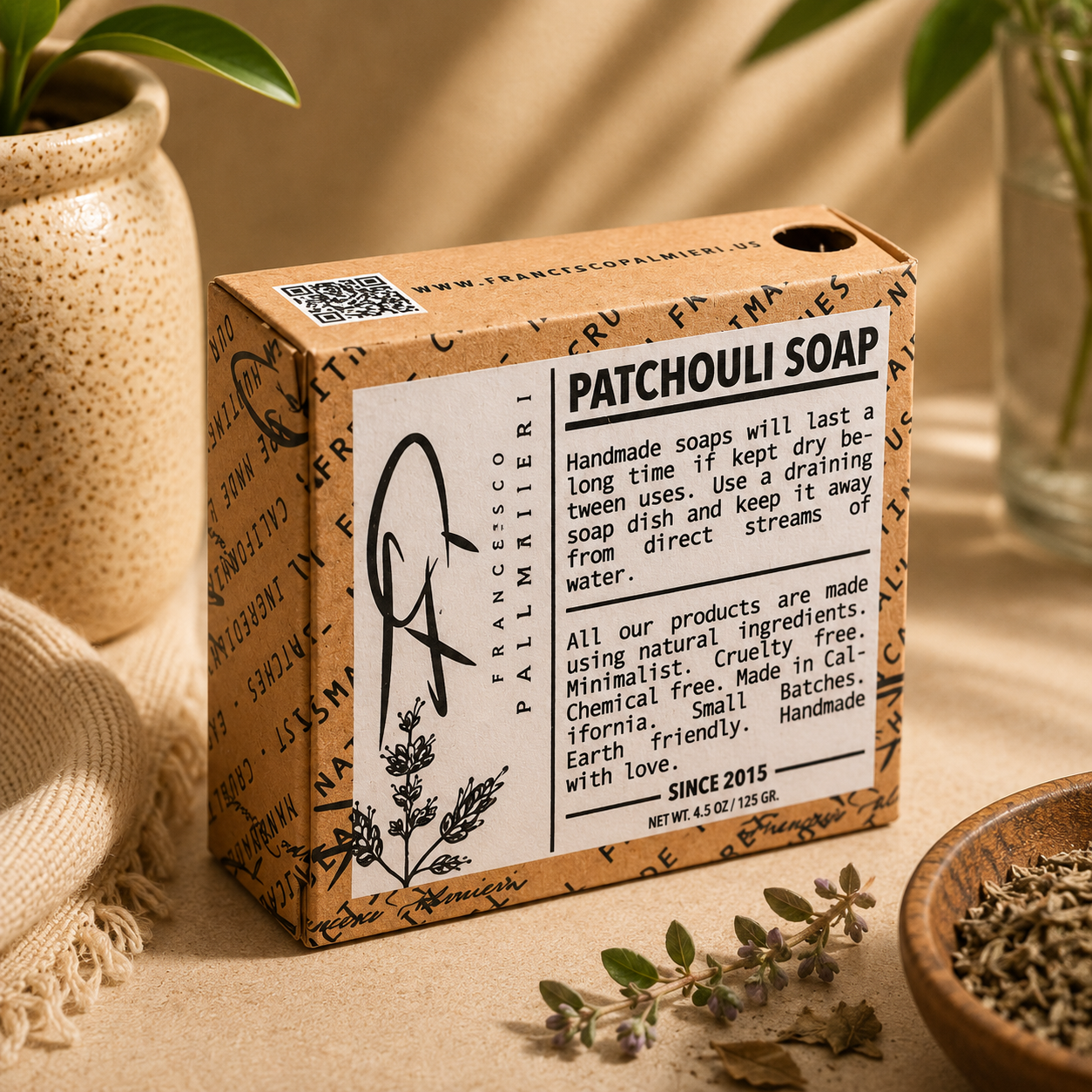 SOAP BAR - PATCHOULI in a kraft cardboard box with black botanical artwork and a printed patchouli soap label.