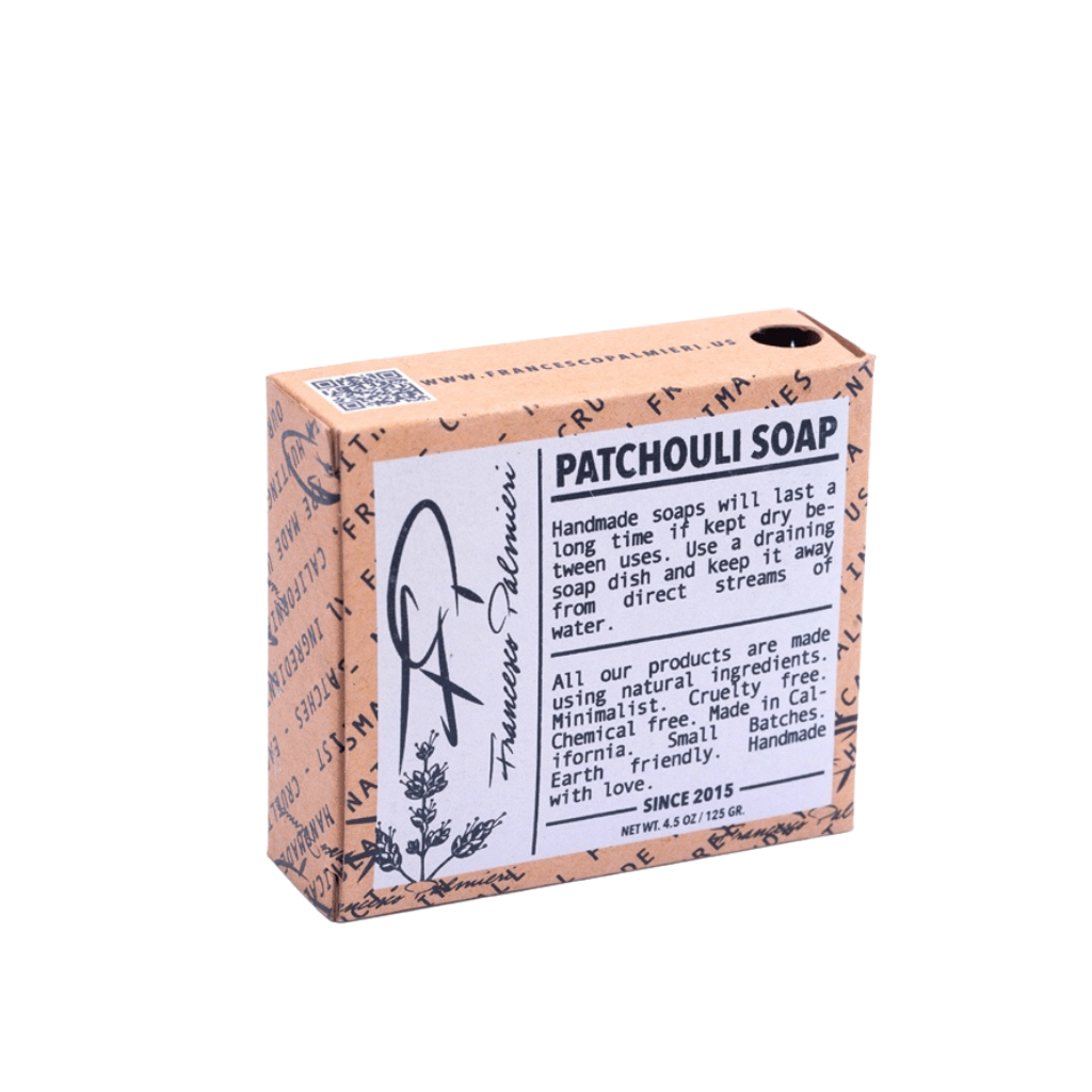 SOAP BAR - PATCHOULI in a peach paper box with black text, botanical illustration, and a handmade soap label