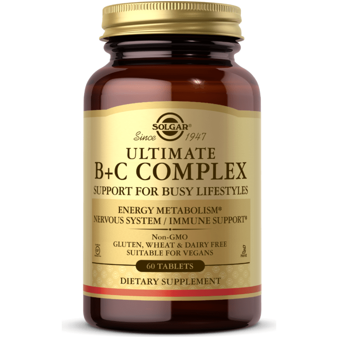 Solgar Ultimate B+C Complex dietary supplement bottle with gold label and amber plastic, 60 tablets, vegan-friendly
