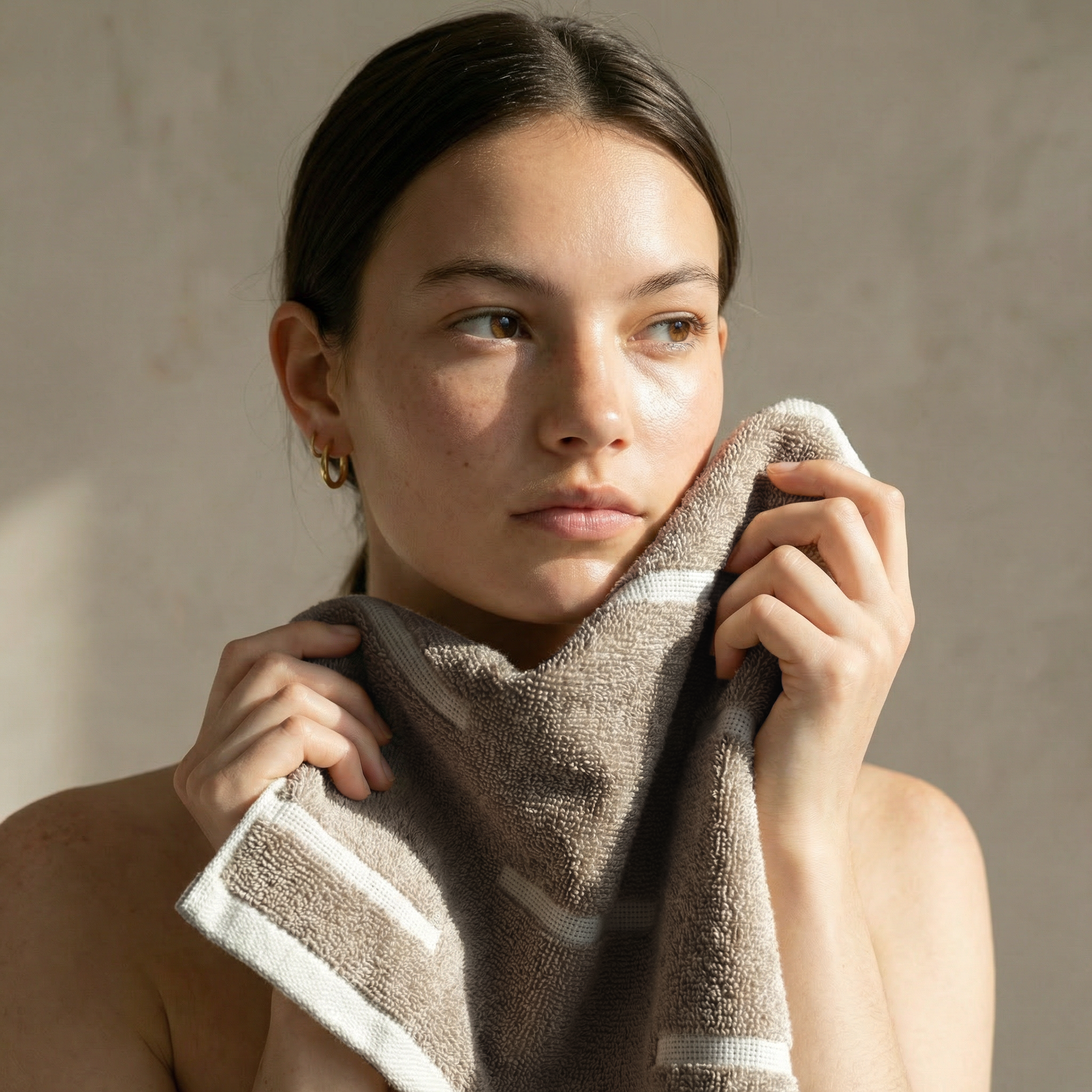 Sorrel Australian cotton towels set in sand tone with geometric accents