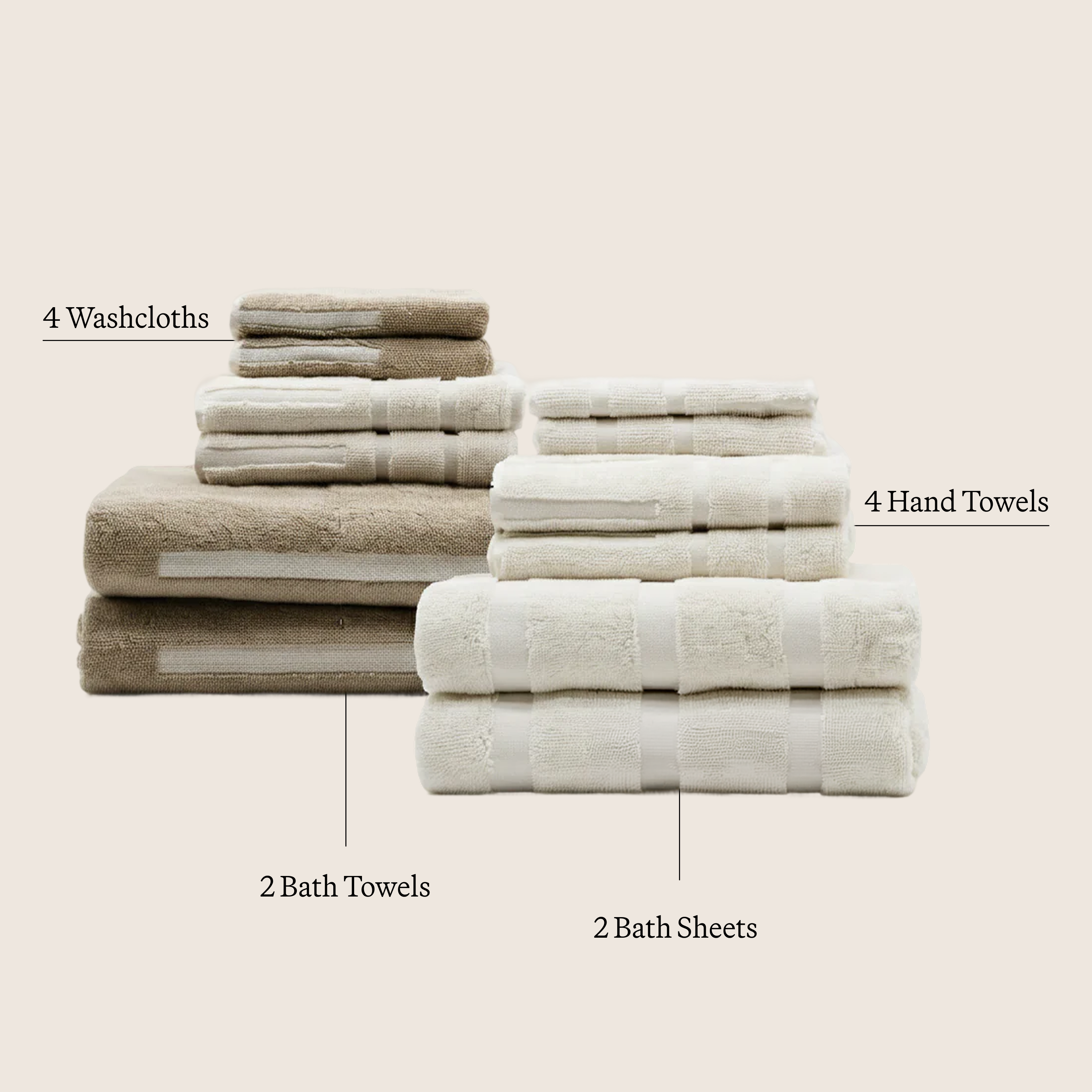 Sorrel Australian Cotton towel set in cream and taupe, with plush woven textures and coordinating bath sheets