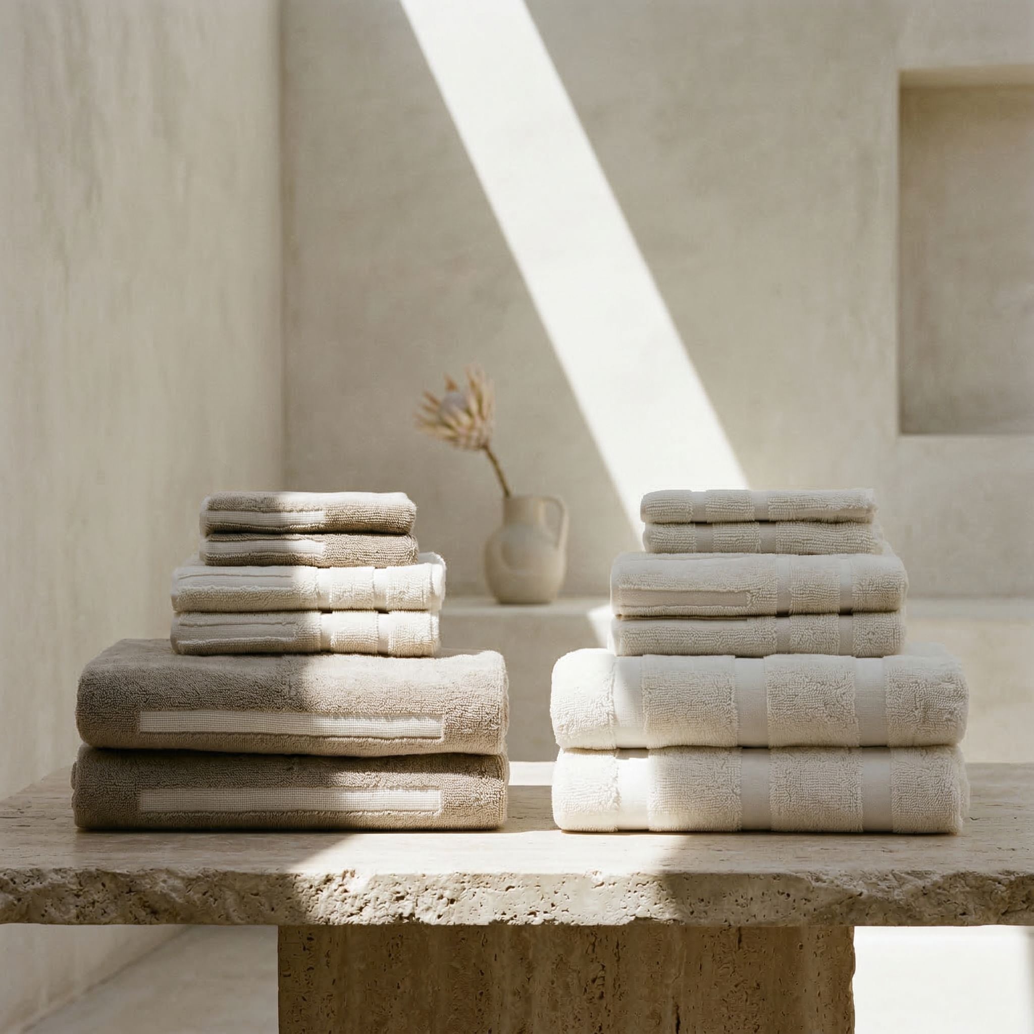 Sorrel Australian Cotton towels in soft sand and ivory, plush textured fabric with subtle geometric stripe accents