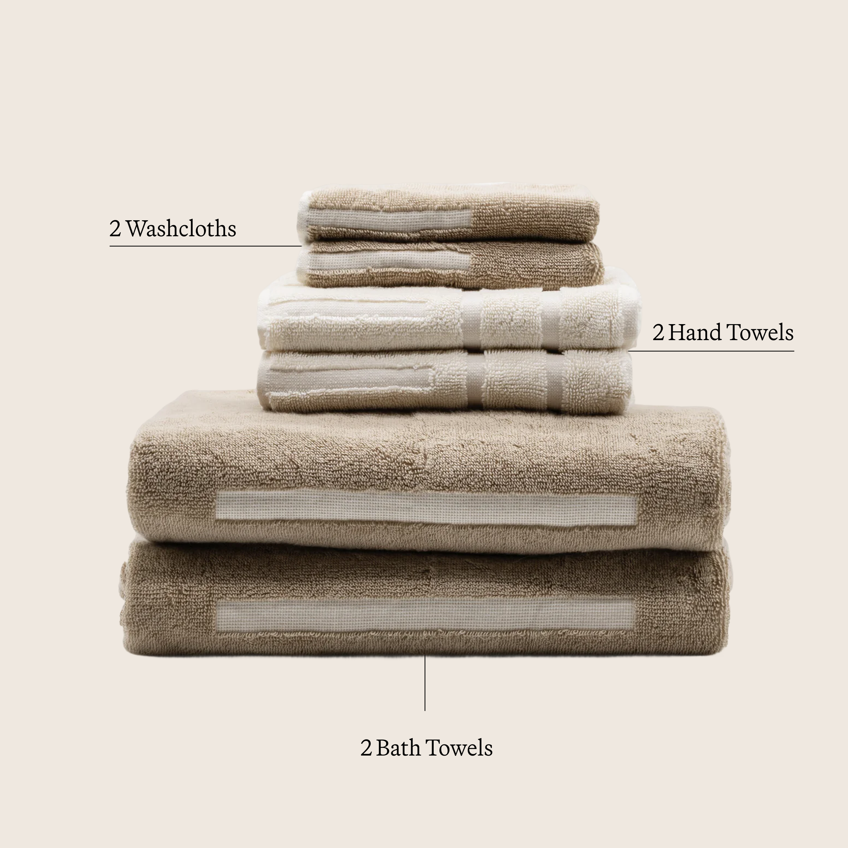 Sorrel Australian Cotton towel set in sand and ivory, plush terry with subtle woven bands, including washcloths, hand towels and bath towels