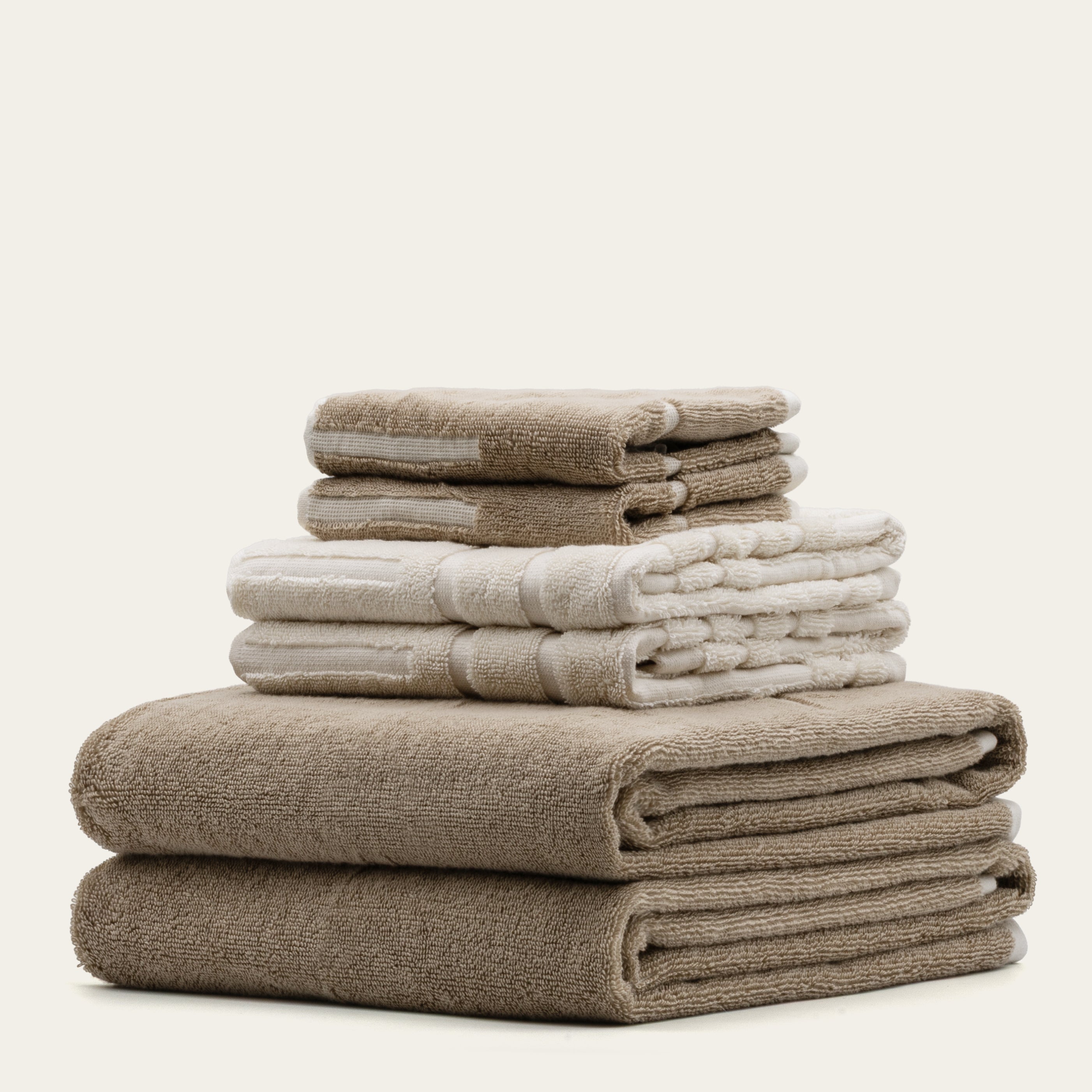 Sorrel Australian cotton towels set in sand tone with geometric accents