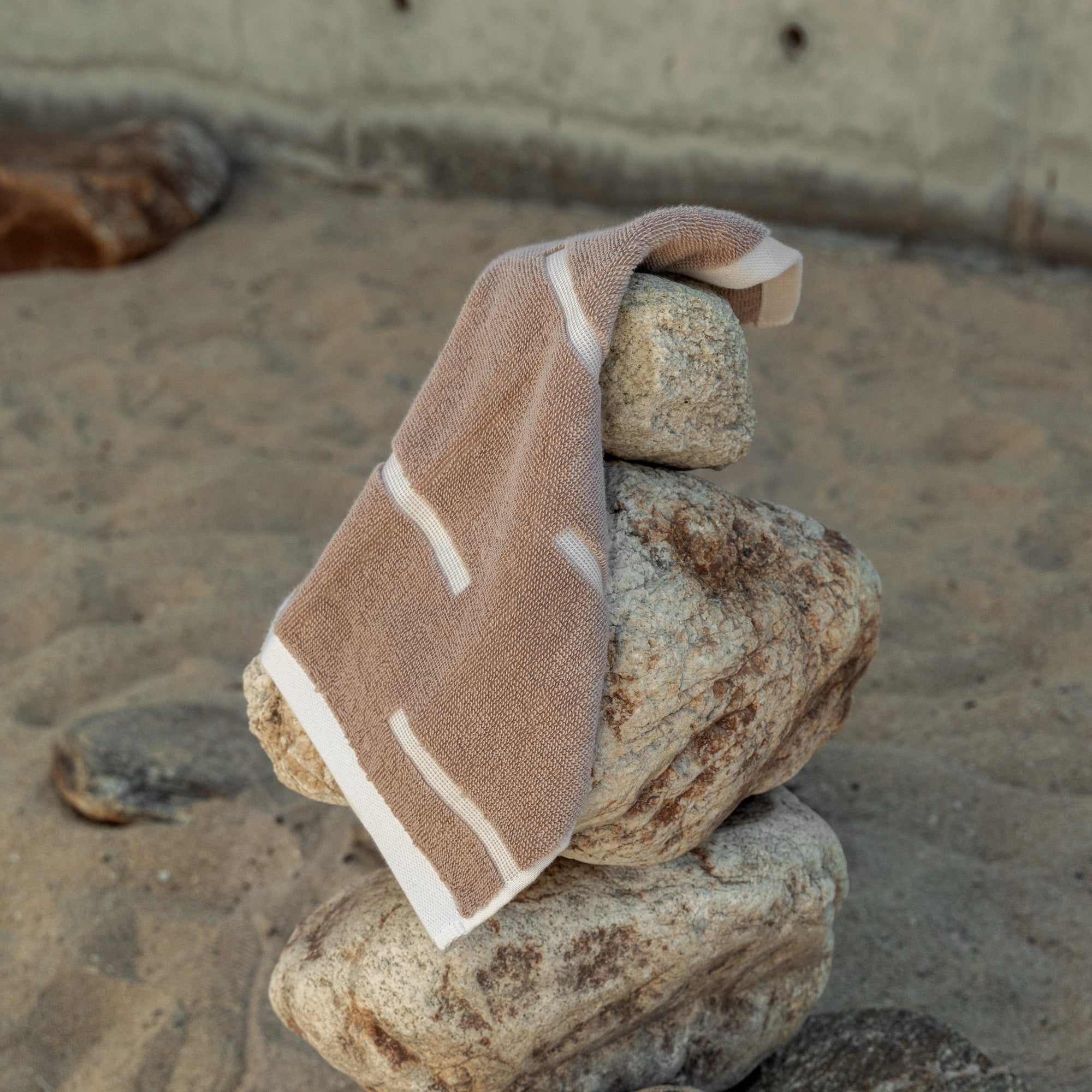 Sorrel Australian cotton towels in sand tone with geometric design