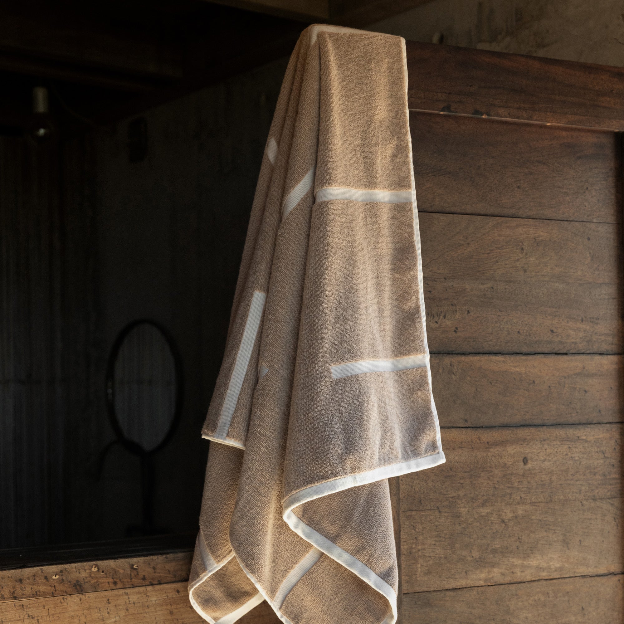Sorrel Australian cotton towels set in sand tone with geometric design