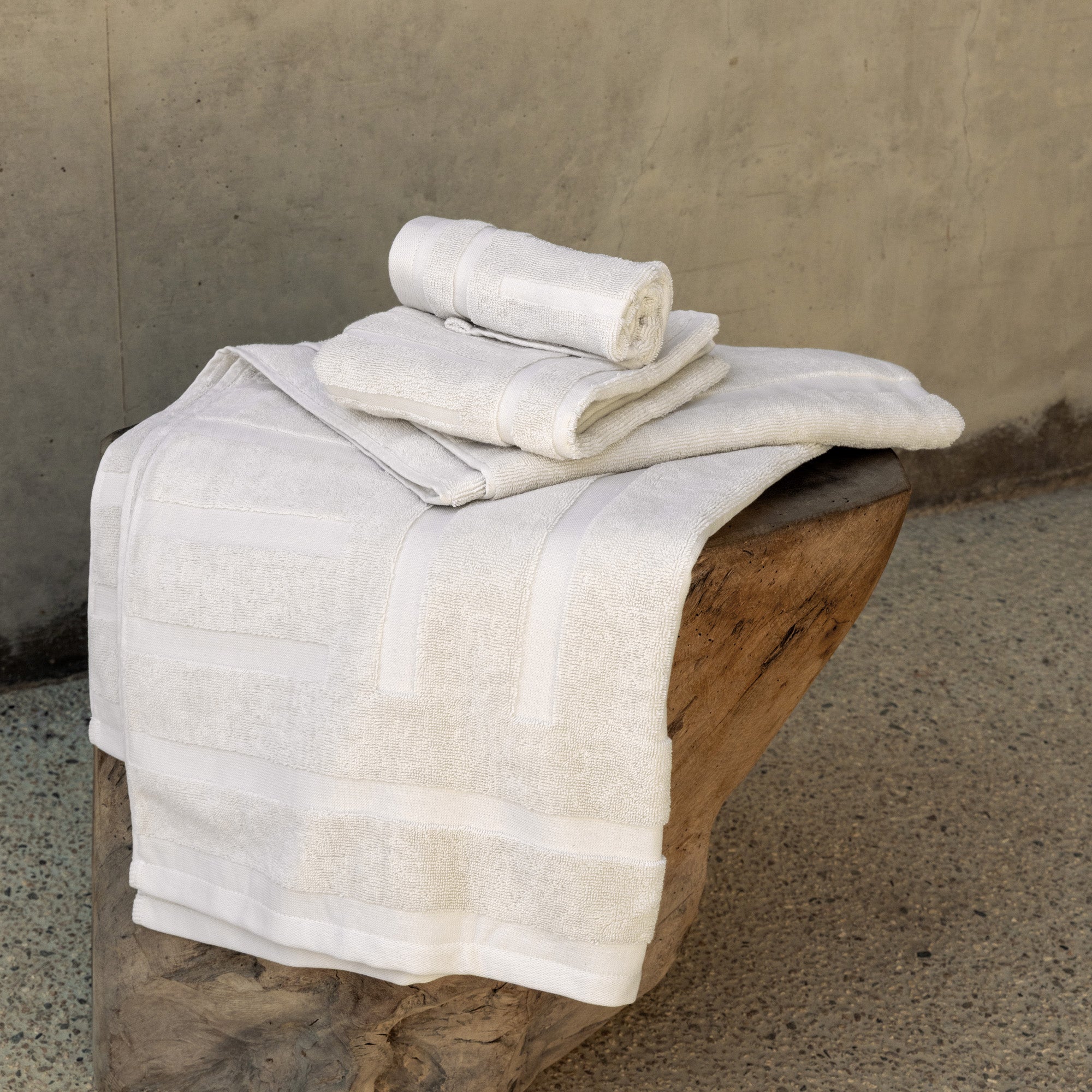 Sorrel Australian cotton towels set in sand tone with geometric accents