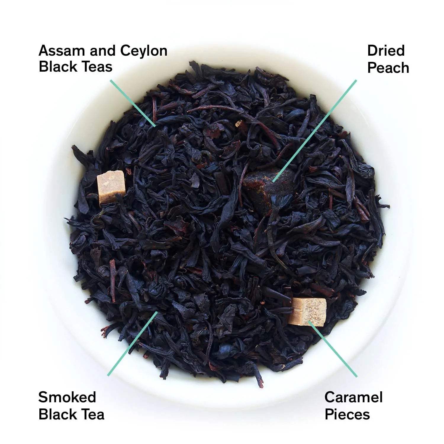 Southern Gothic - Peach Bourbon Black Tea, loose dark black tea leaves with dried peach and caramel pieces