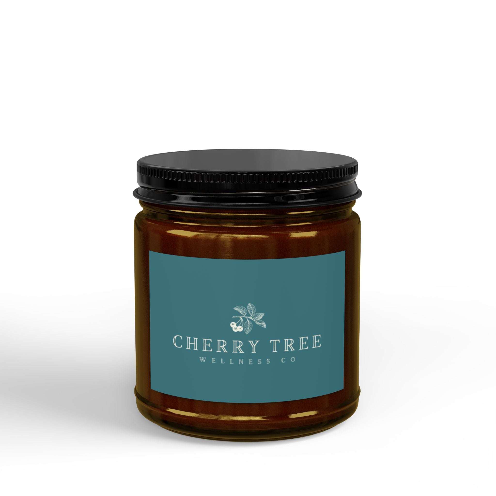 Soy Candle in a reusable amber glass jar with black screw lid and blue label with white text and logo