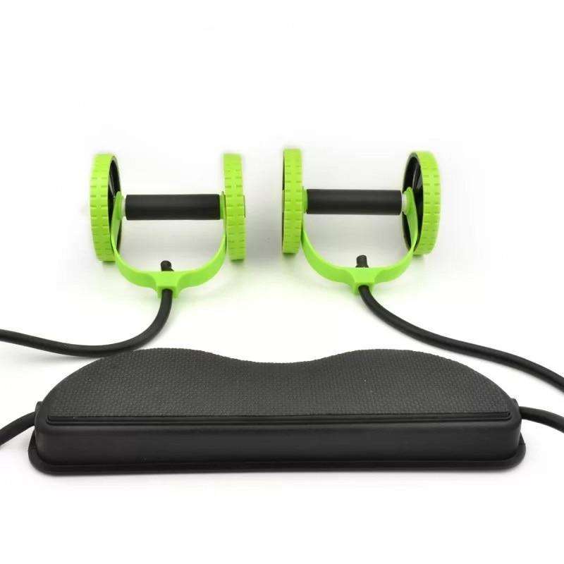 Double-wheeled Sport Roller Wheel in bright green with black foam handles, resistance bands, and a textured black knee pad.