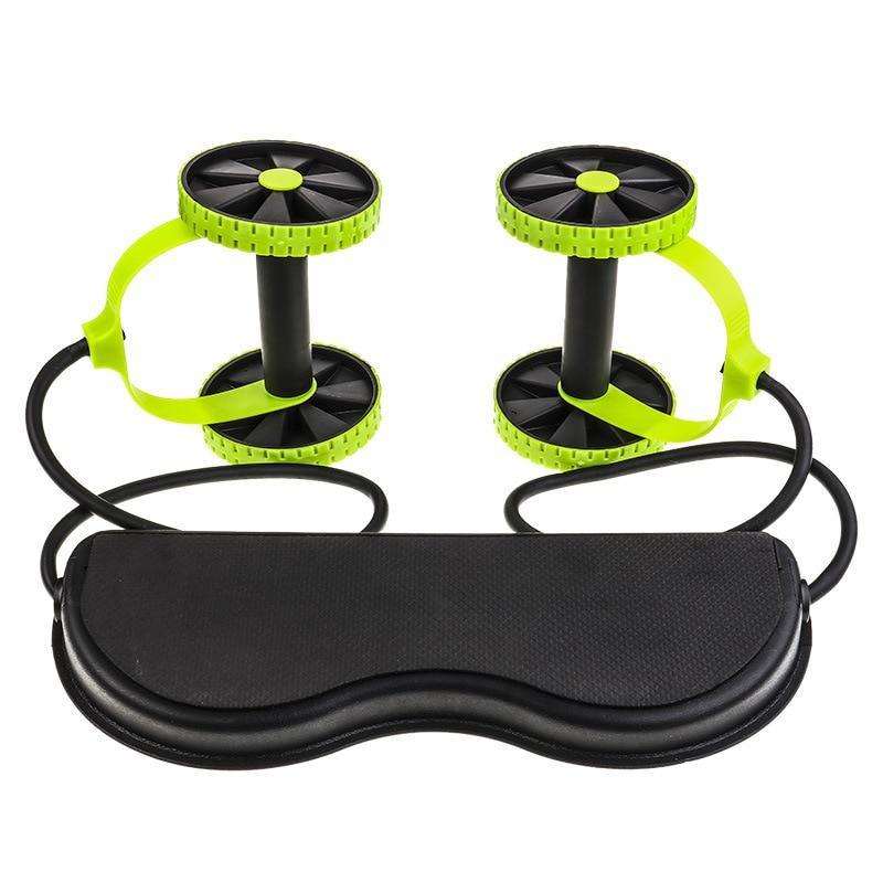Sport Roller Wheel with dual green and black wheels, black elastic resistance bands, and a black cushioned knee pad for exercise.