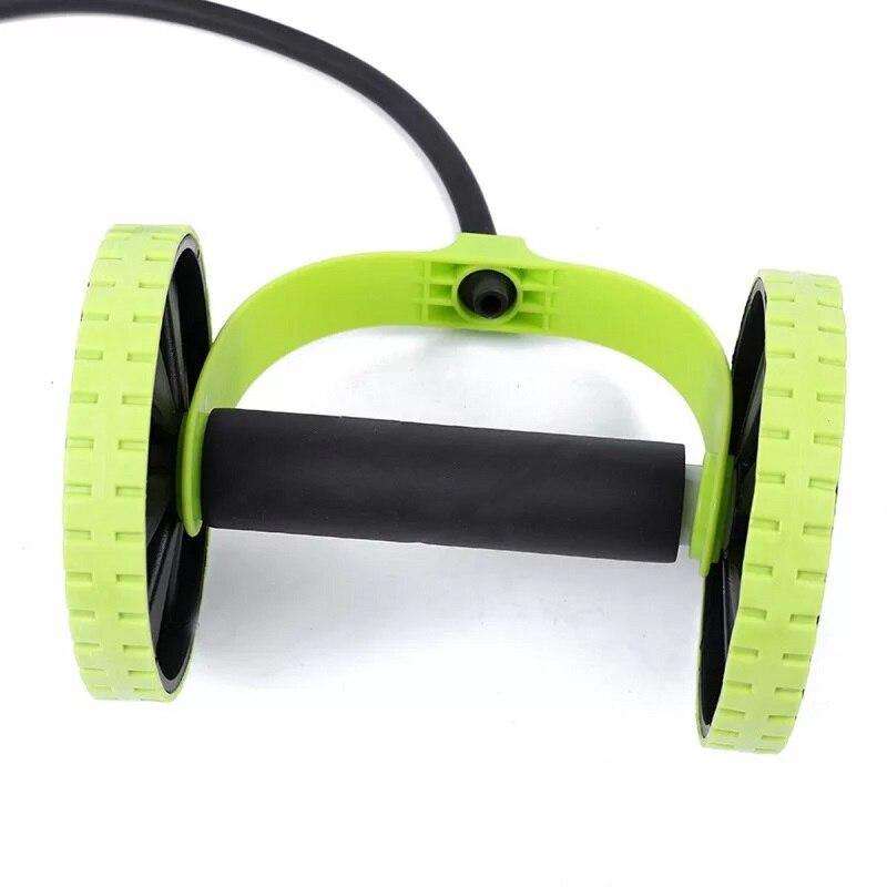 Double-wheeled Sport Roller Wheel in bright green and black with textured wheels, foam grip handle, and attached resistance band for exercise.