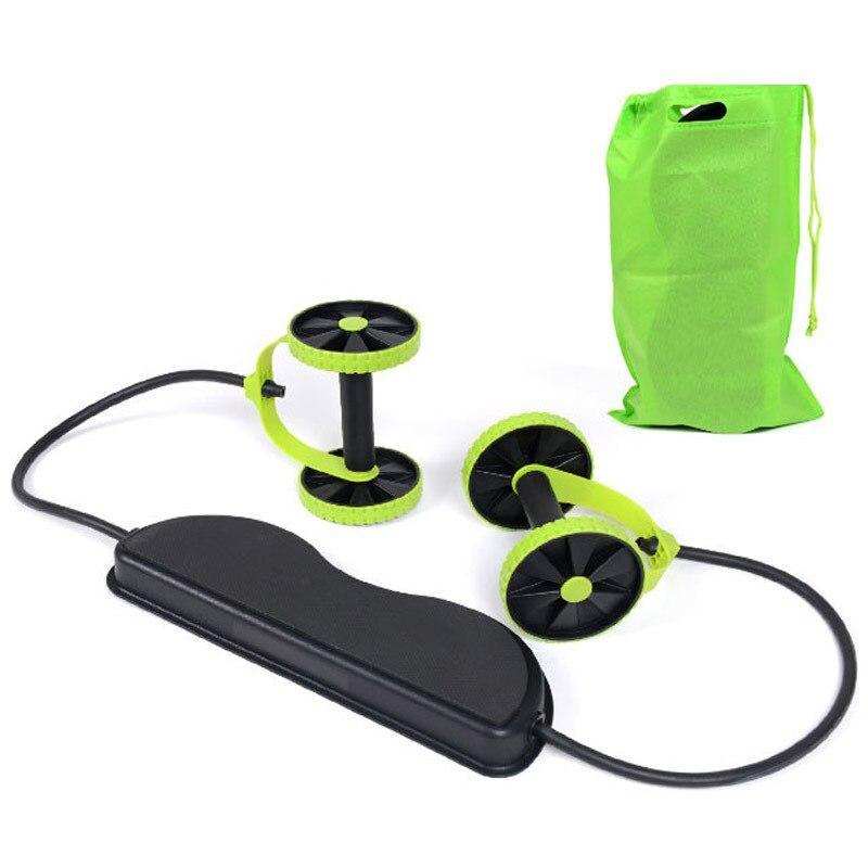 Sport Roller Wheel double-wheeled ab trainer in black and neon green with elastic bands, black knee pad, and green carrying bag.