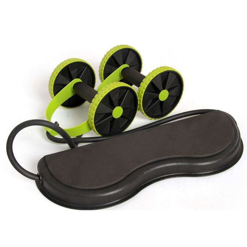 Sport Roller Wheel with dual green and black wheels, black cushioned kneeling pad, and elastic resistance bands for multi-functional exercise