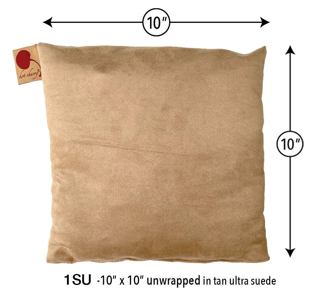 Square Cherry Stone Pillow in tan ultra-suede, a plain square cushion with a small branded fabric tag and 10-inch dimensions