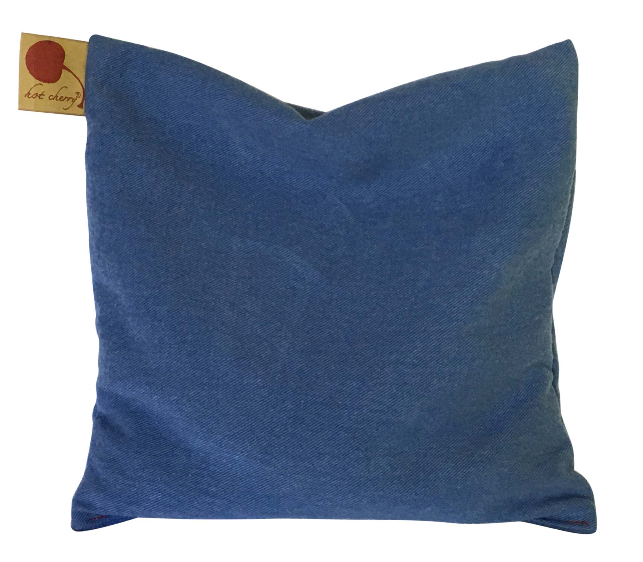 Square Pillow in Blue Denim with a solid indigo-blue cotton denim cover and a small woven brand tag