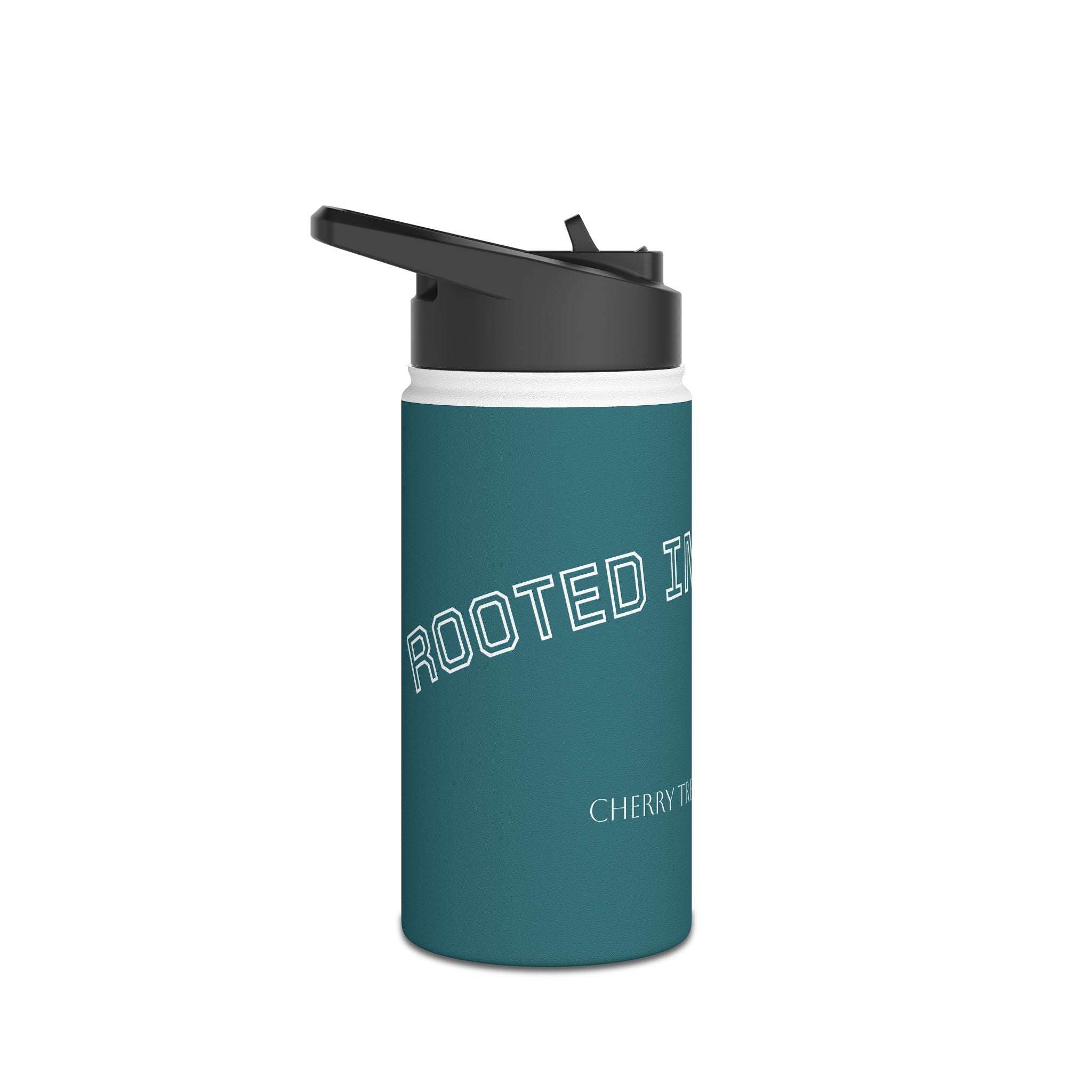 Stainless Steel Water Bottle in teal with matte finish, black twist-on lid, and white "ROOTED IN" text design.